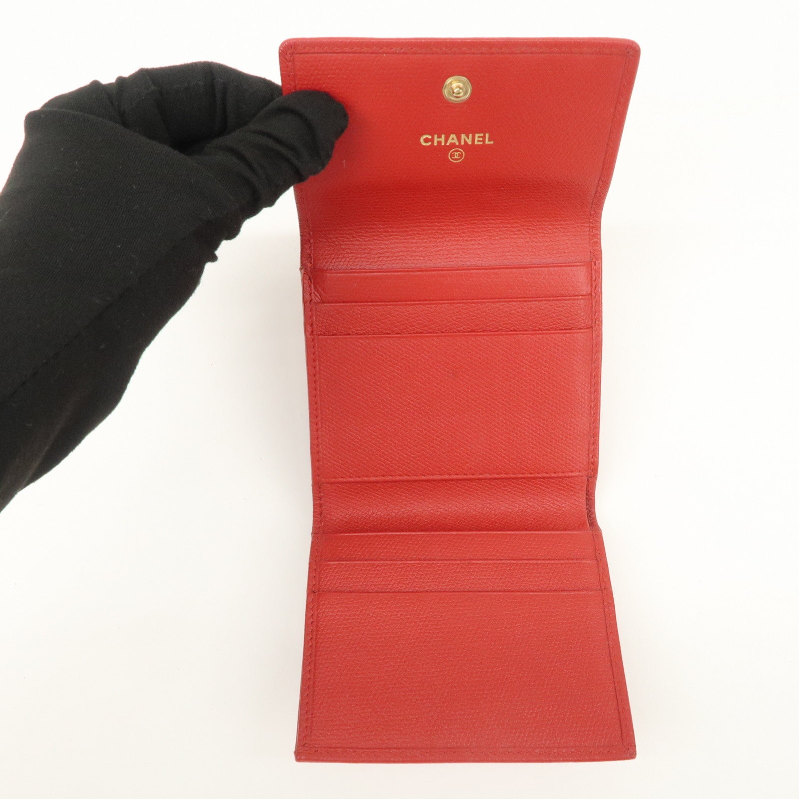 CHANEL COCO Button Leather Double Hook Compact Wallet Red A20902