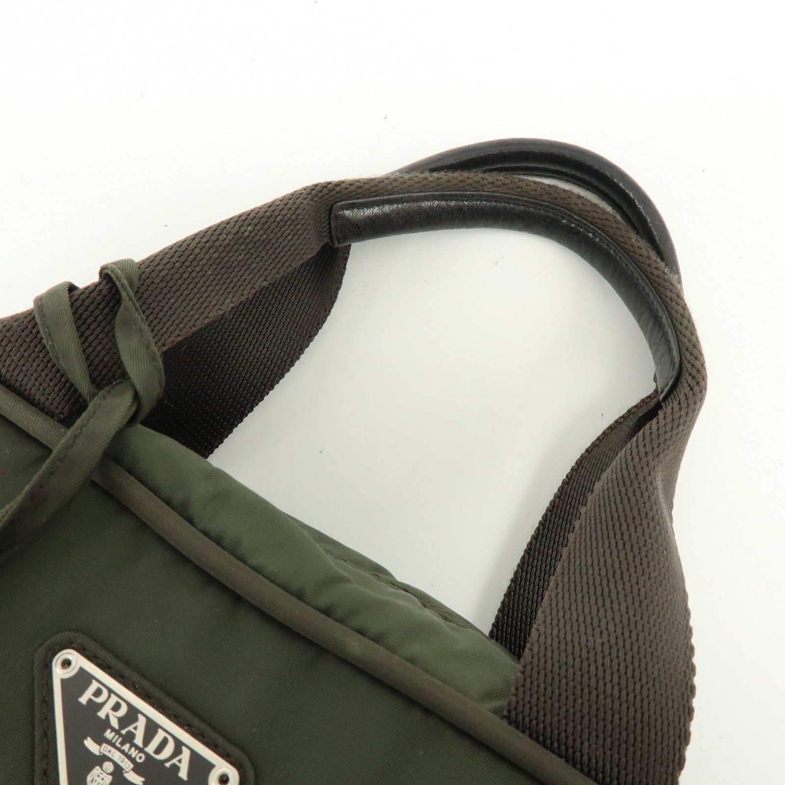 PRADA Triangle Logo Nylon Leather Hand Bag Tote Boston Bag Khaki