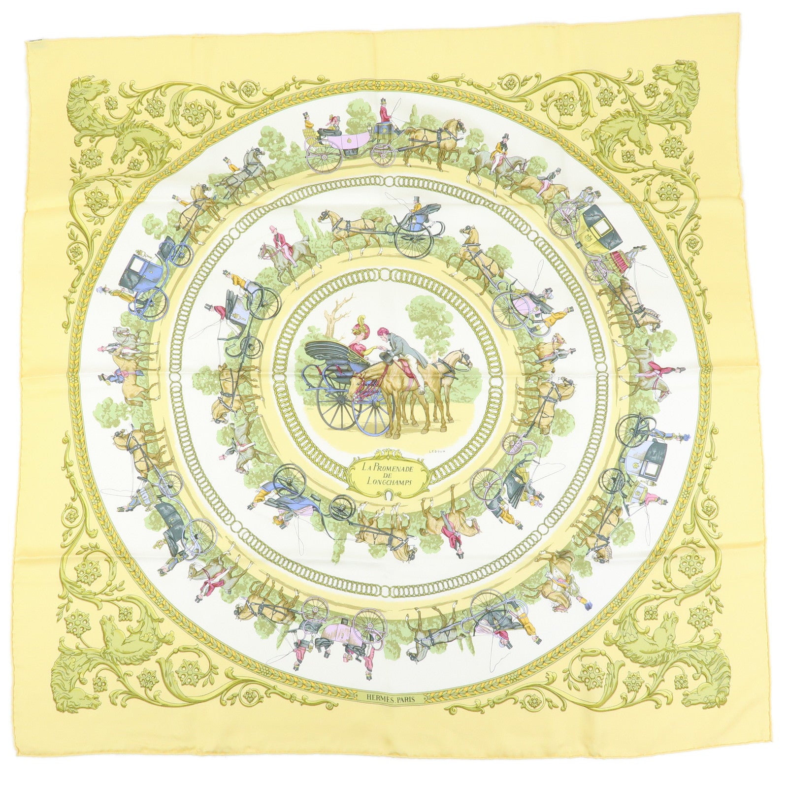 HERMES Carre 90 Silk 100% Scarf LA PROMENADE DE LONGCHAMPS