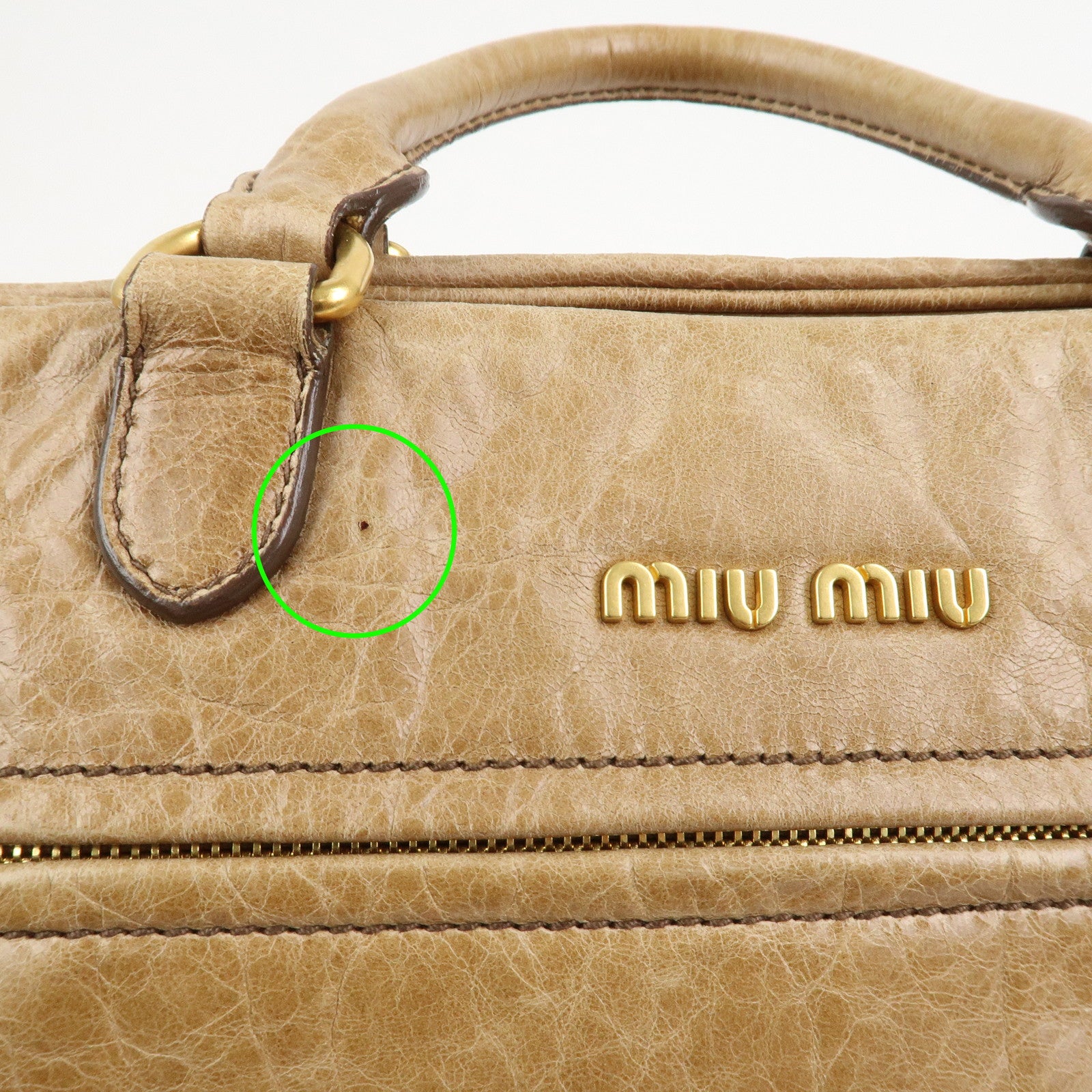 MIU MIU Logo Leather Hand Bag Boston Bag Light Brown