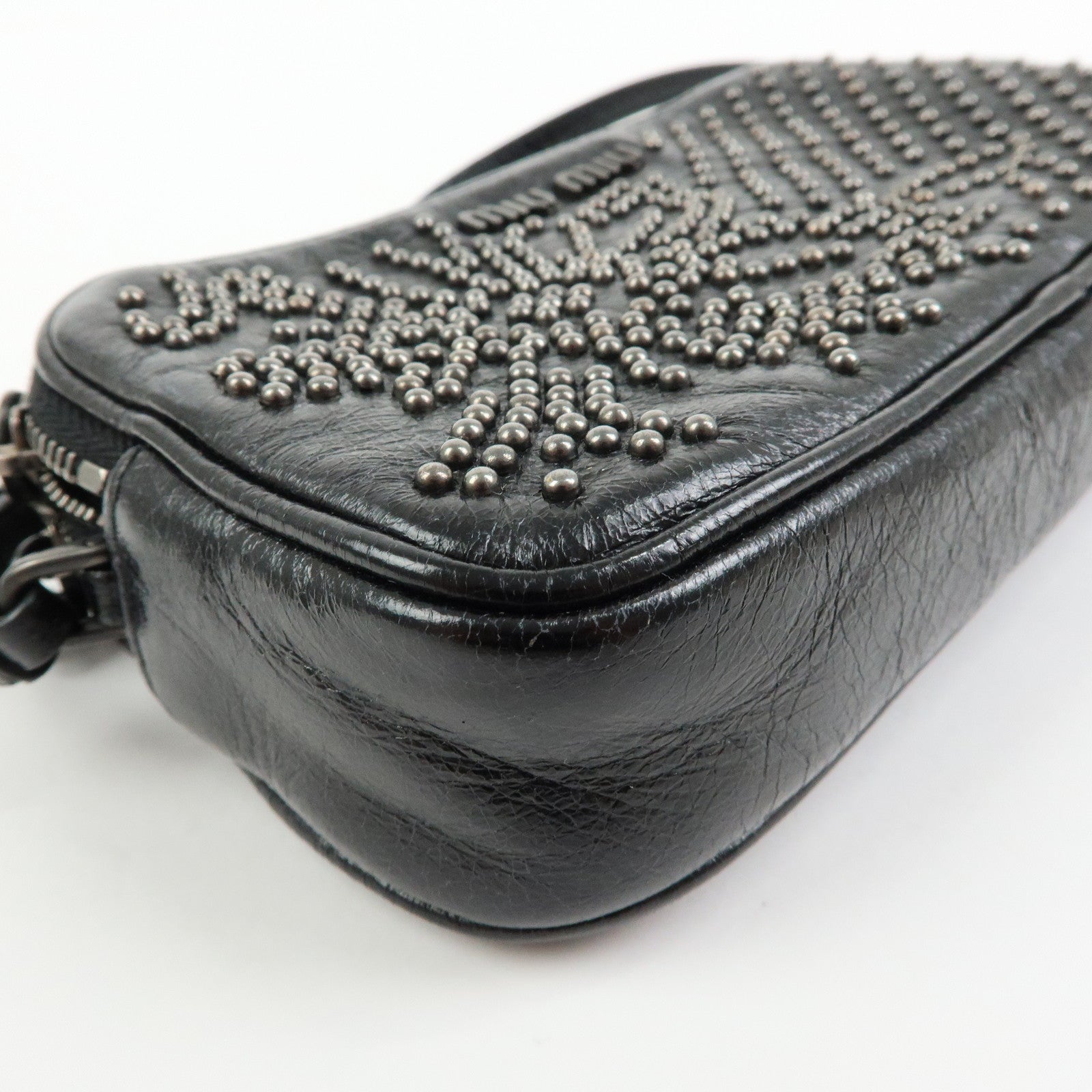 MIU MIU Logo Leather Mini Hand Bag Pouch Studs Black