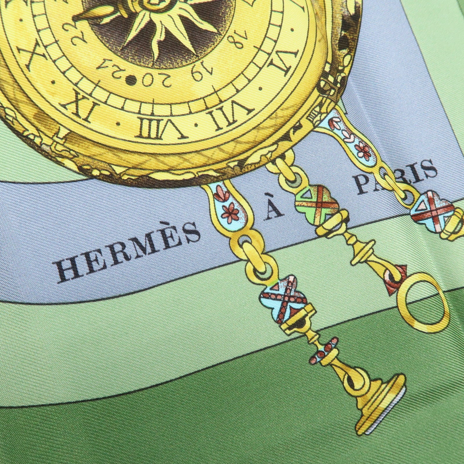 HERMES Carre 90 Silk 100% Scarf la ronde des heures Green Gray Pink