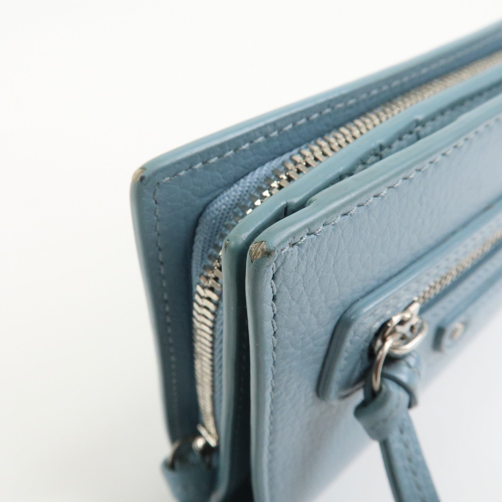 BALENCIAGA Leather Bi-Fold Compact Wallet Light Blue
