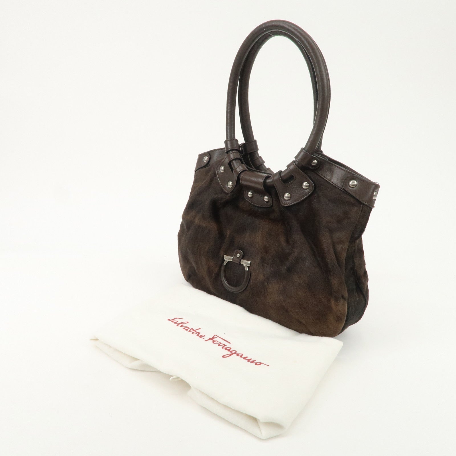 Ferragamo Gancini Unborn Calf Leather Hand Bag Dark Brown Used