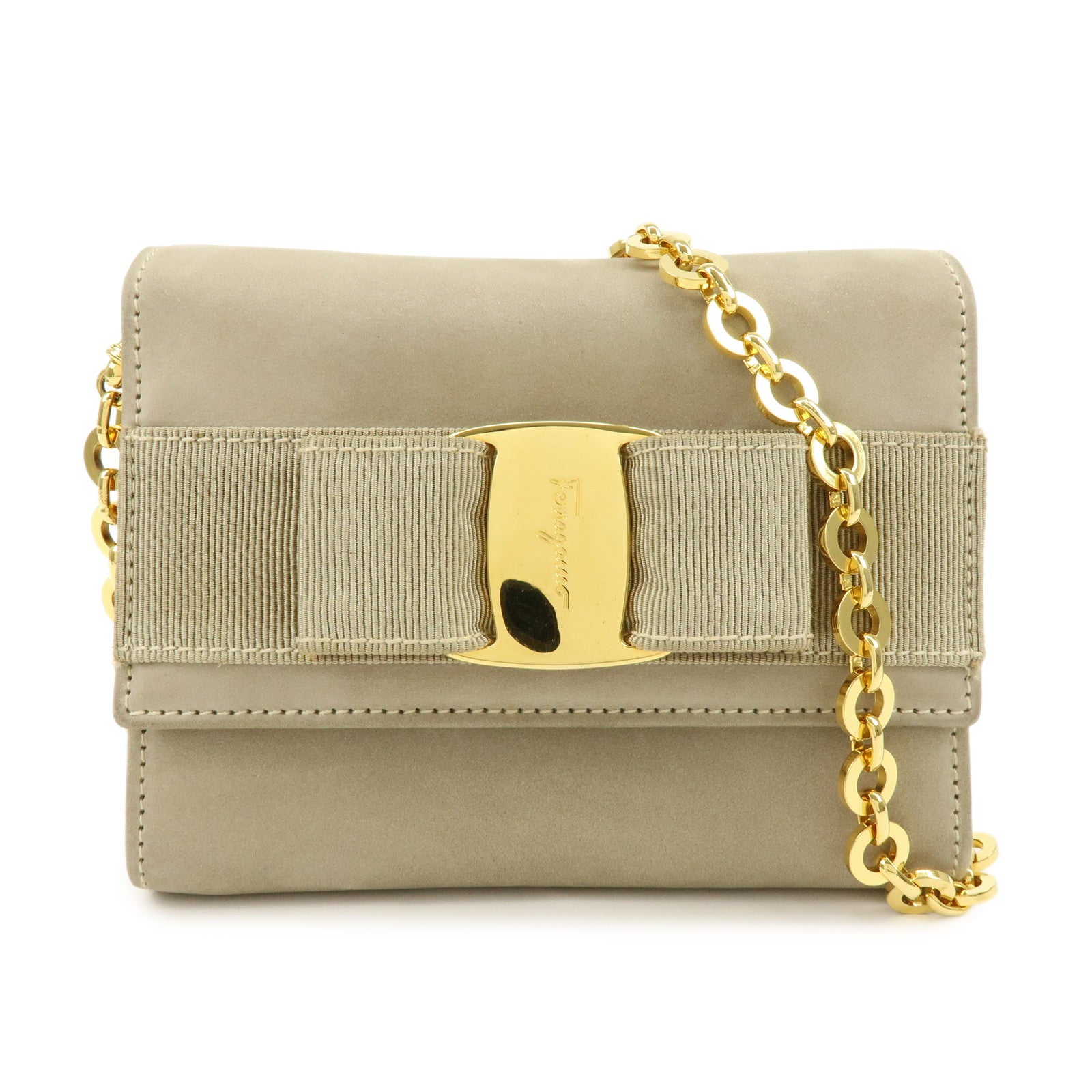 Ferragamo Vara Suede 3Way Chain Shoulder Bag Clutch Waist Bag Beige