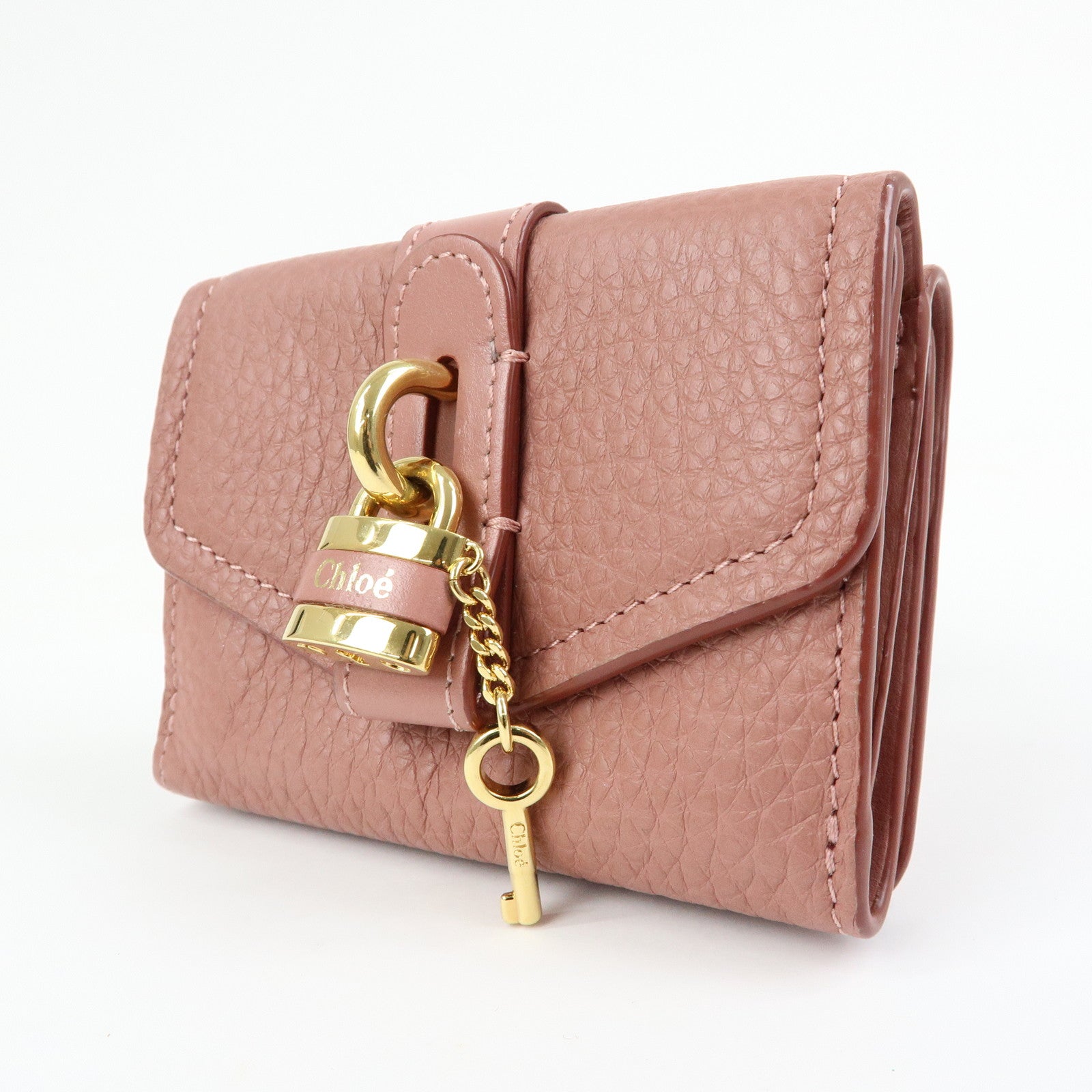 Chloe Aby Lock Leather Compact Trifold Wallet Pink