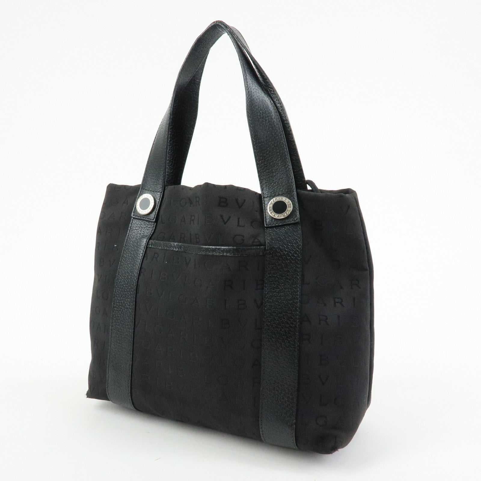 BVLGARI Logo Mania Canvas Leather Tote Bag Hand Bag Black