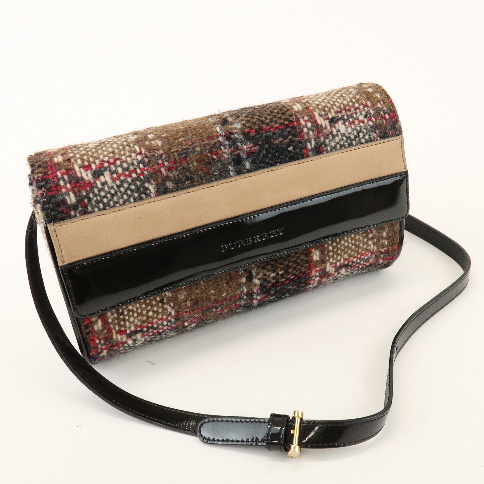 BURBERRY Tweed Patent Leather Suede Shoulder Bag Plaid Beige Black
