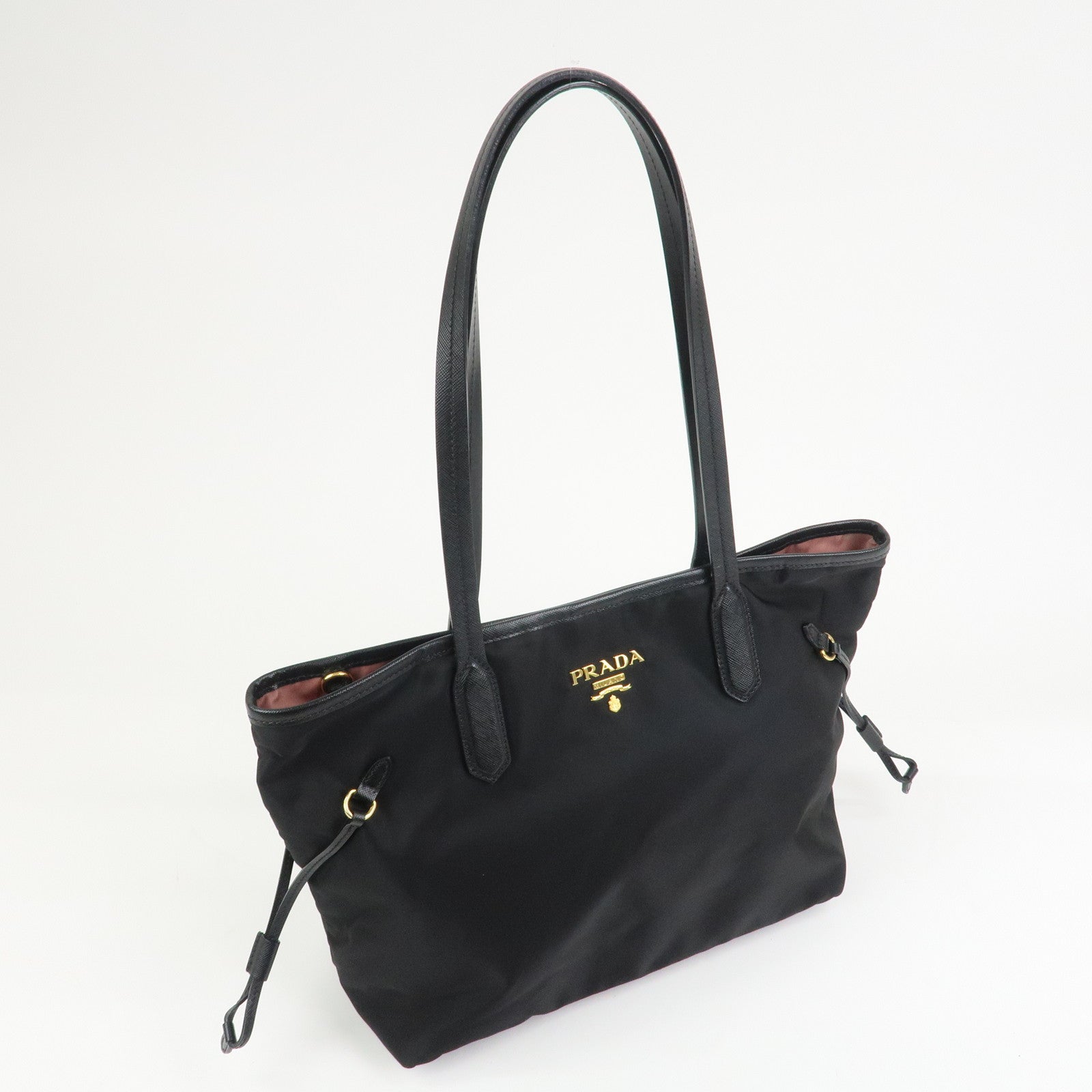 PRADA Logo Nylon Saffiano Leather Tote Bag Shoulder Bag Black