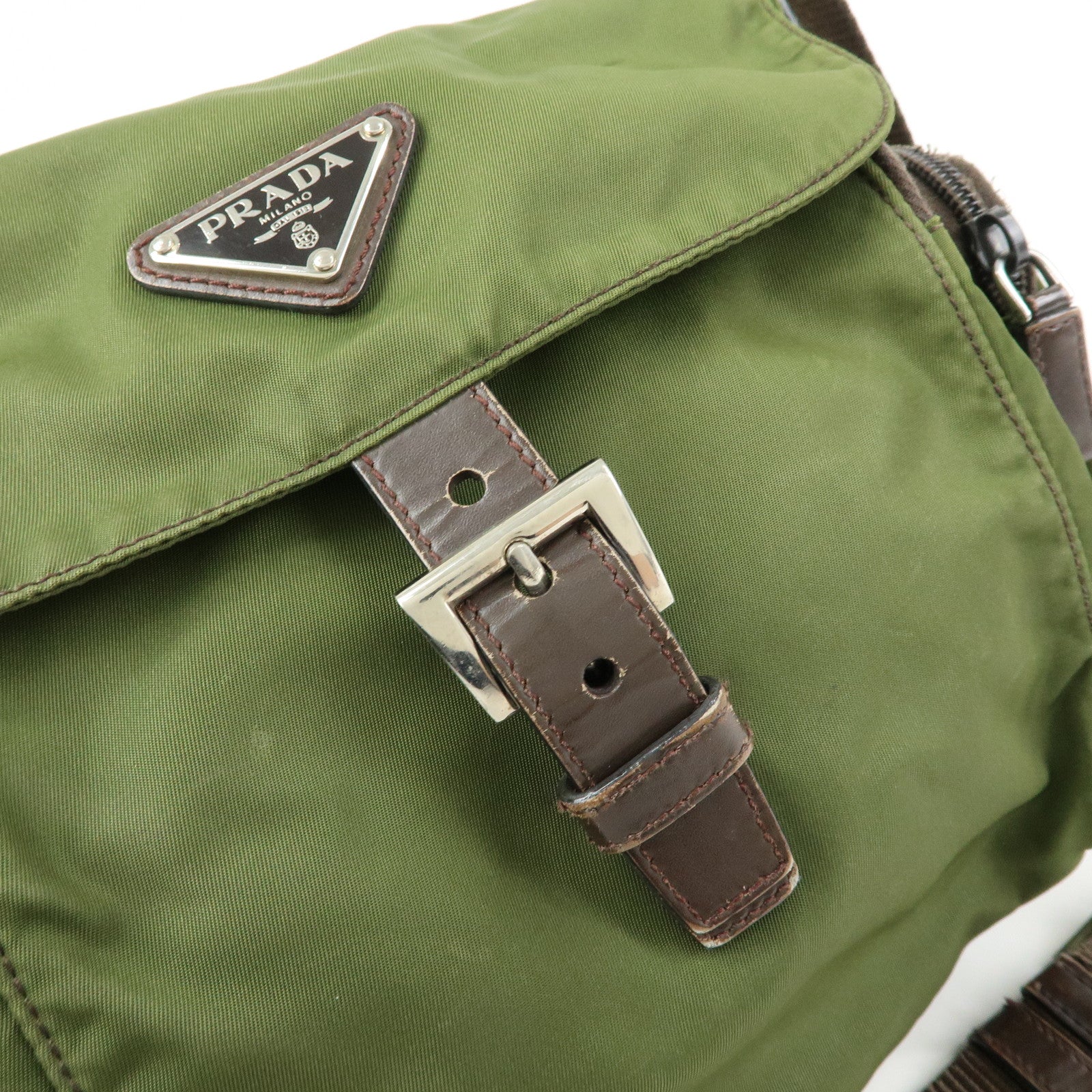 PRADA Triangle Logo Nylon Leather Shoulder Bag Khaki Brown
