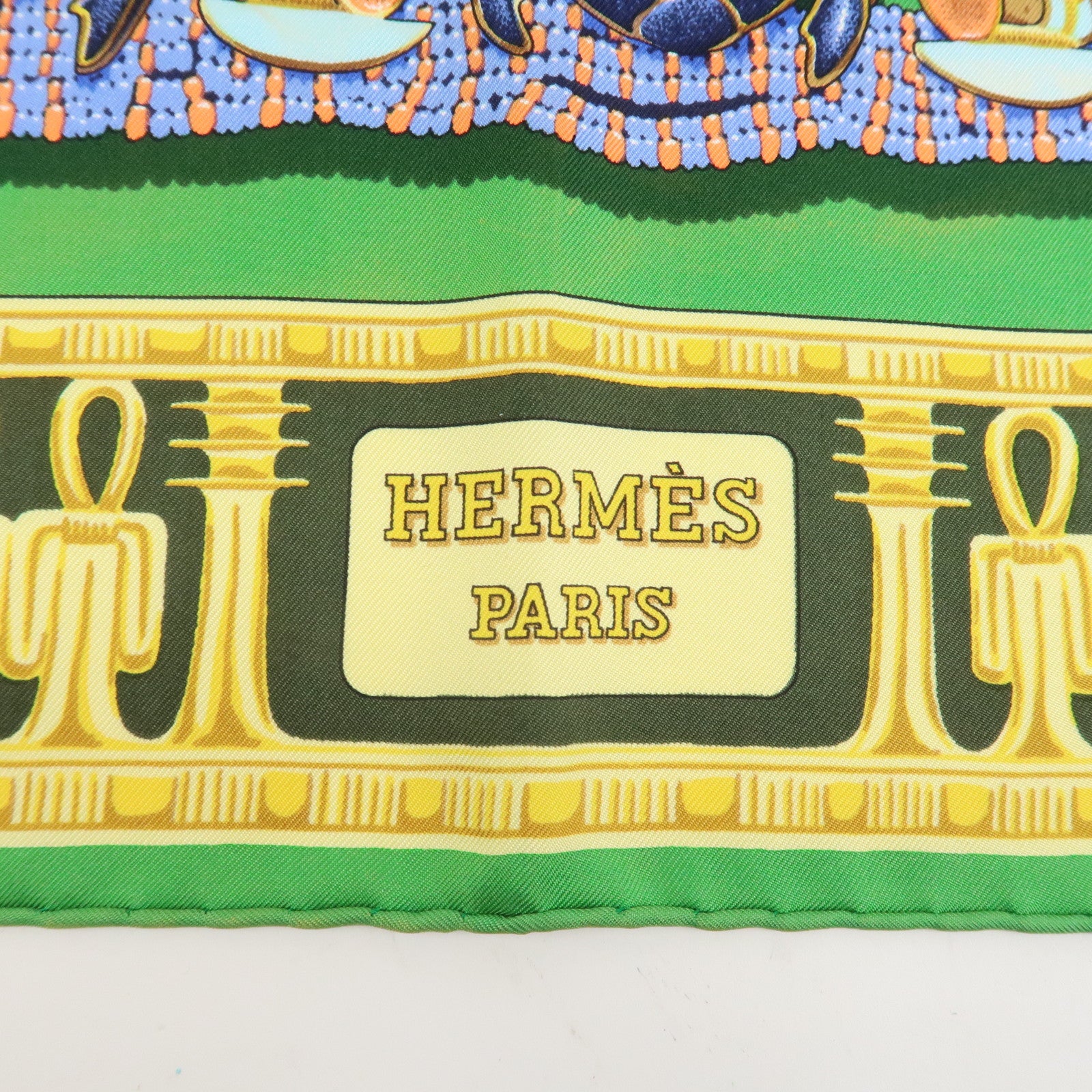 HERMES Carre 90 Silk 100% Scarf TUTANKHAMUN Green Gold