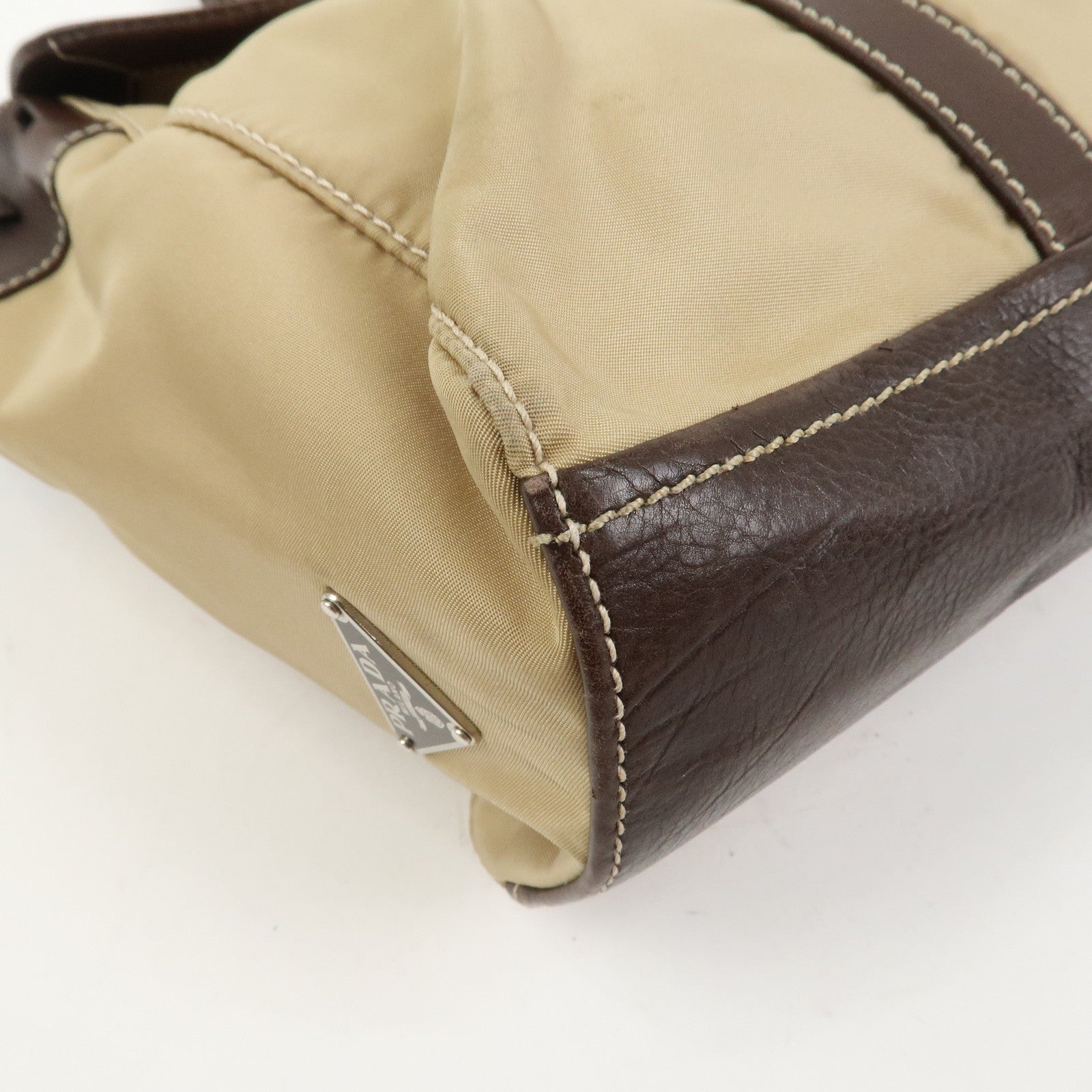 PRADA Triangle Logo Leather Nylon Shoulder Bag Brown BR2418