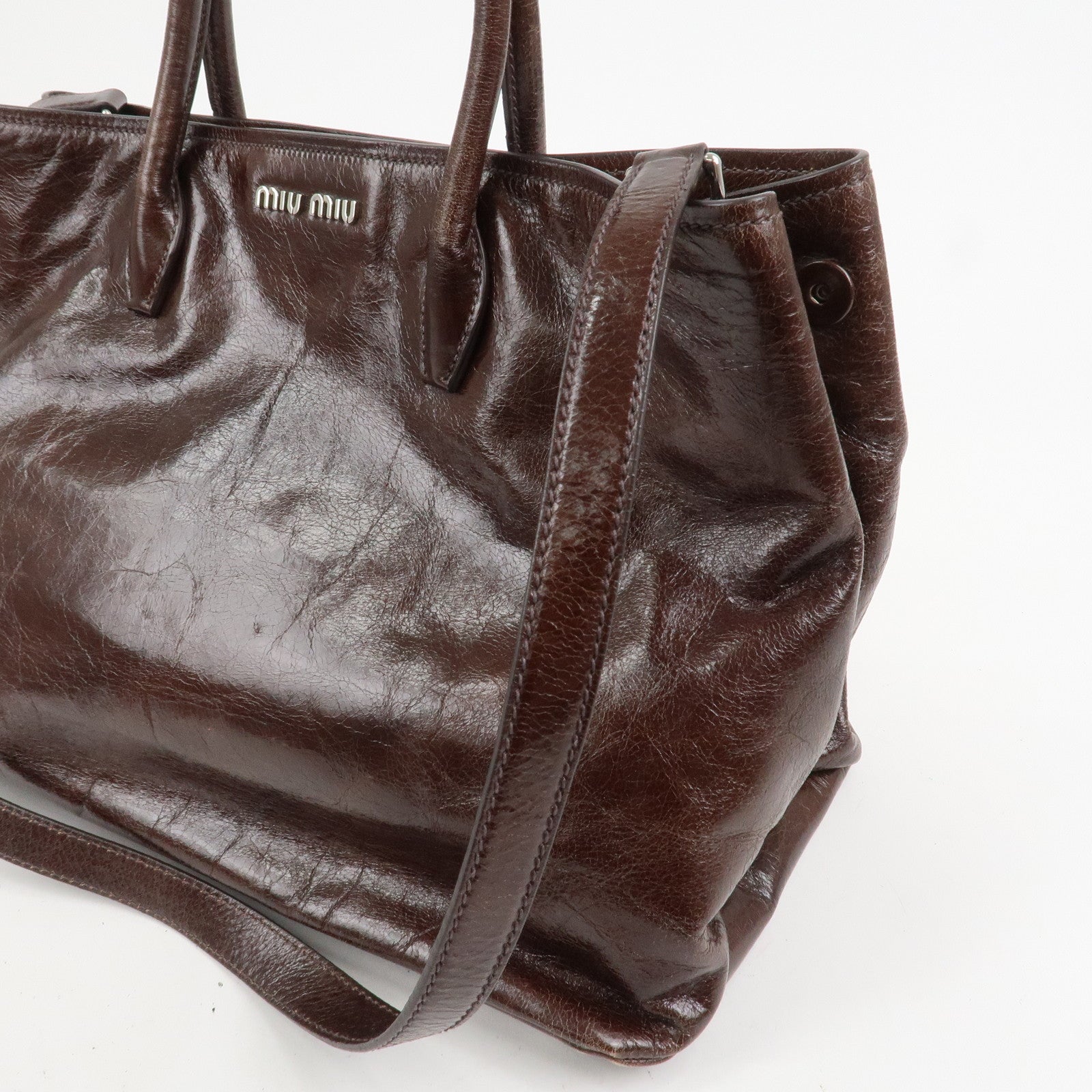 MIU MIU Leather 2Way Shoulder Bag Hand Bag Tote Bag Brown RN1028