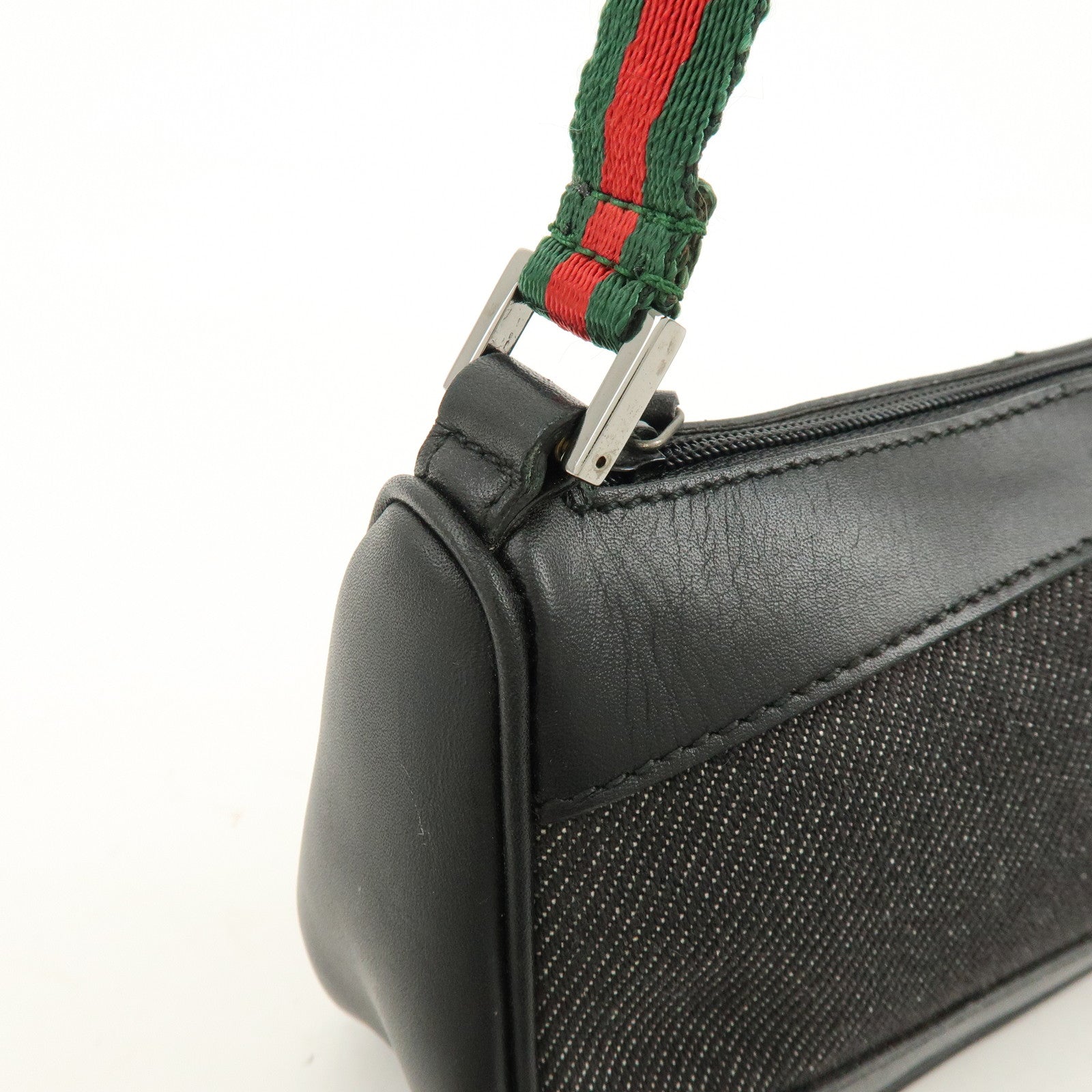 GUCCI Sherry Denim Leather Accessory Pouch Hand Bag Black 92820