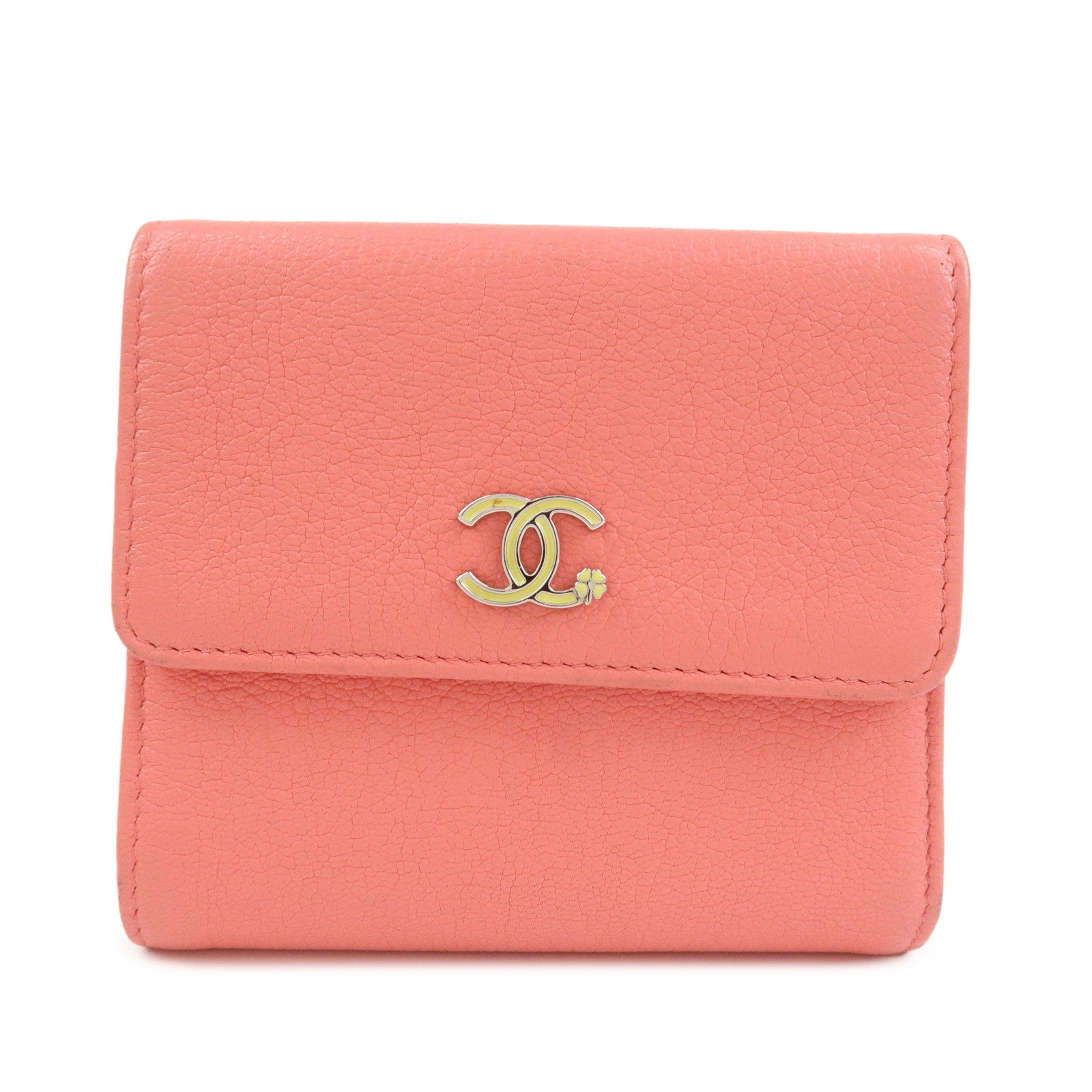 CHANEL COCO Mark Calf Leather Compact Wallet Clover Motif Pink