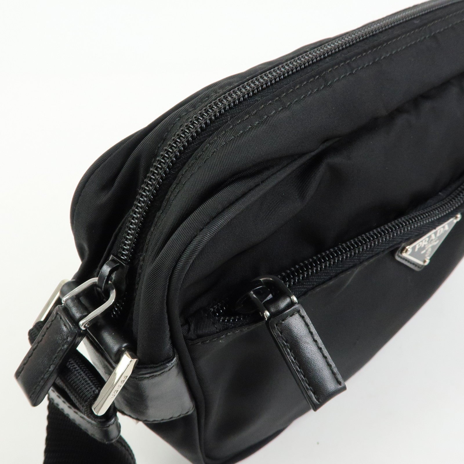 PRADA Triangle Logo Nylon Leather Shoulder Crossbody Bag Black