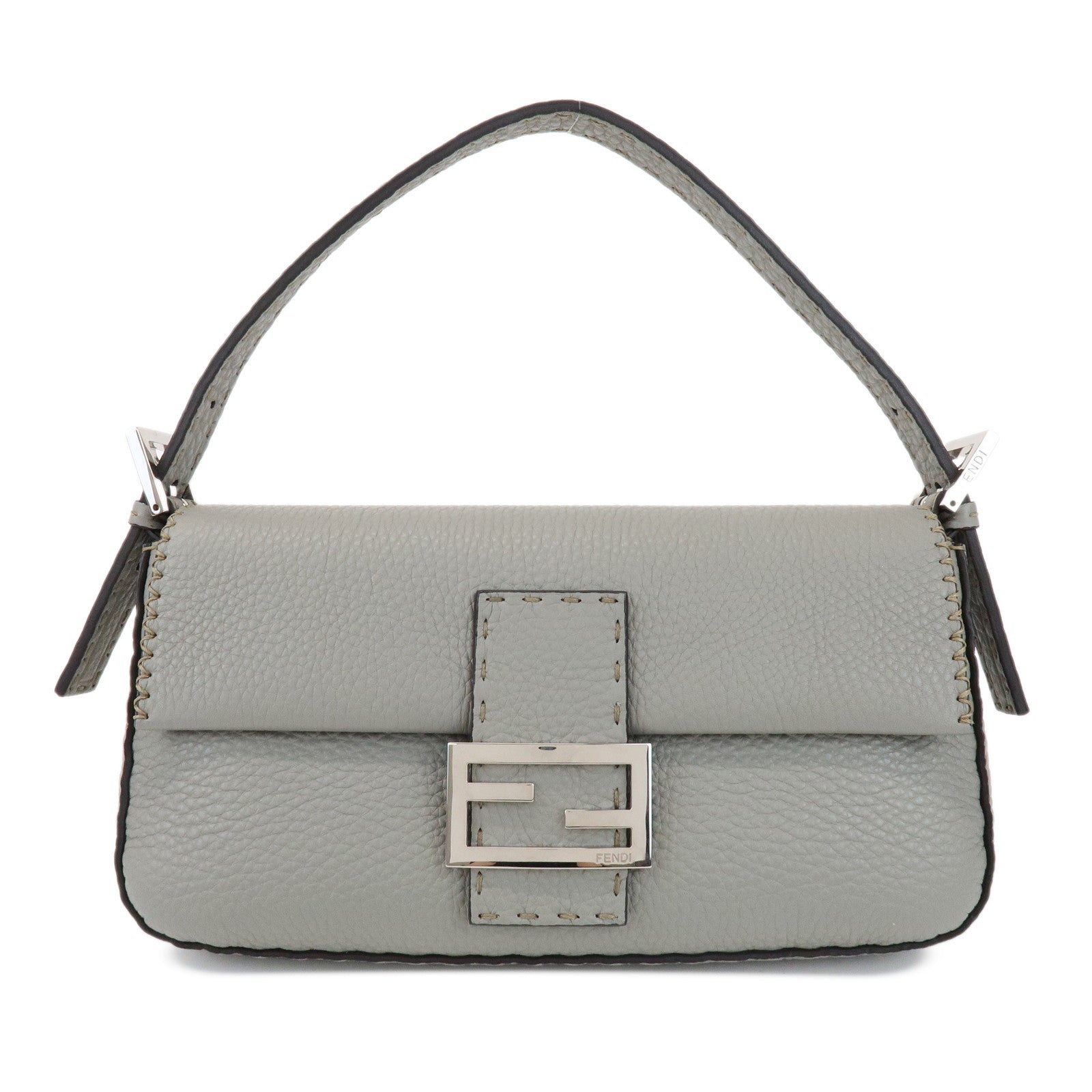 FENDI Mamma Baguette Selleria Leather Shoulder Bag Gray 8BR600