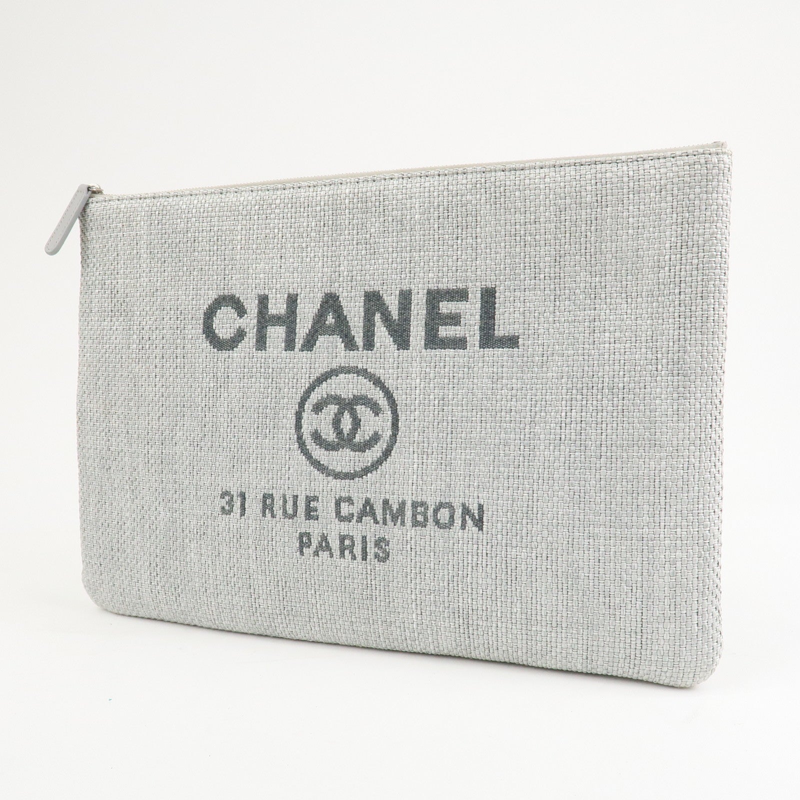 CHANEL Deauville Nylon Canvas Pouch Clutch Bag Light Gray A80118