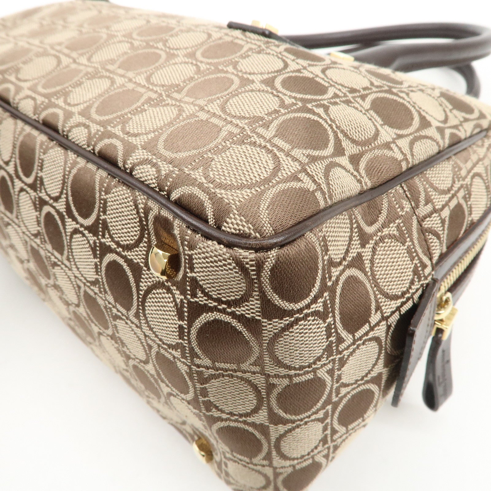 Ferragamo Gancini Leather Canvas Shoulder Bag Hand Bag Beige Brown