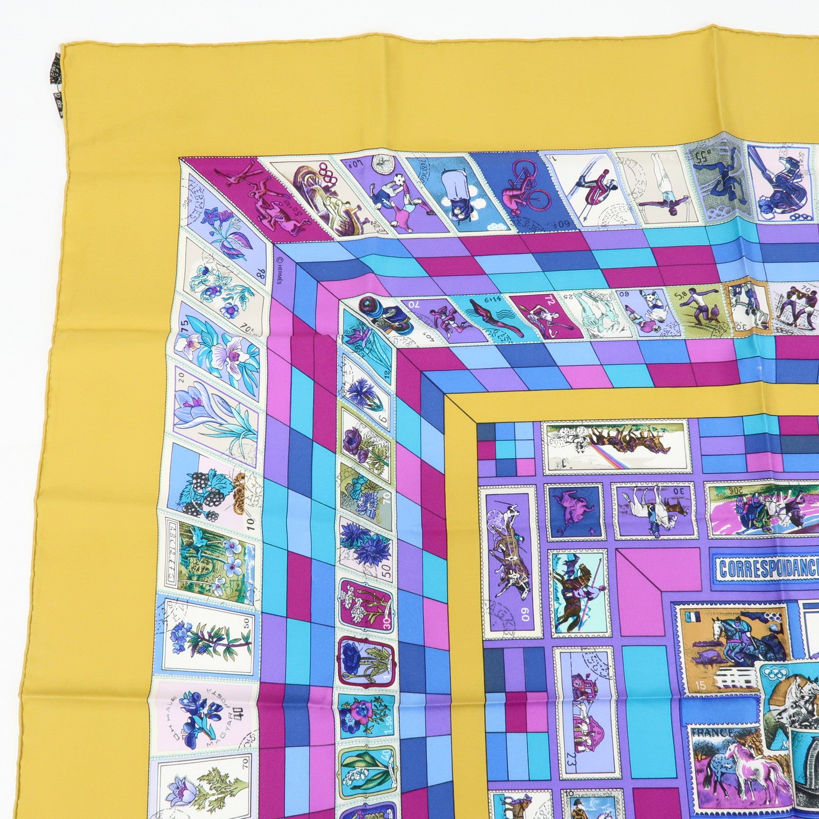 HERMES Carre 90 Silk 100% Scarf CORRESPONDANCE Mustard Purple