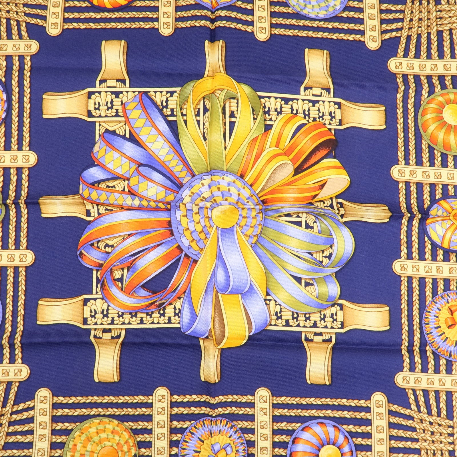 HERMES Carre 90 Silk 100% LES RUBANS DU CHEVAL Navy Used