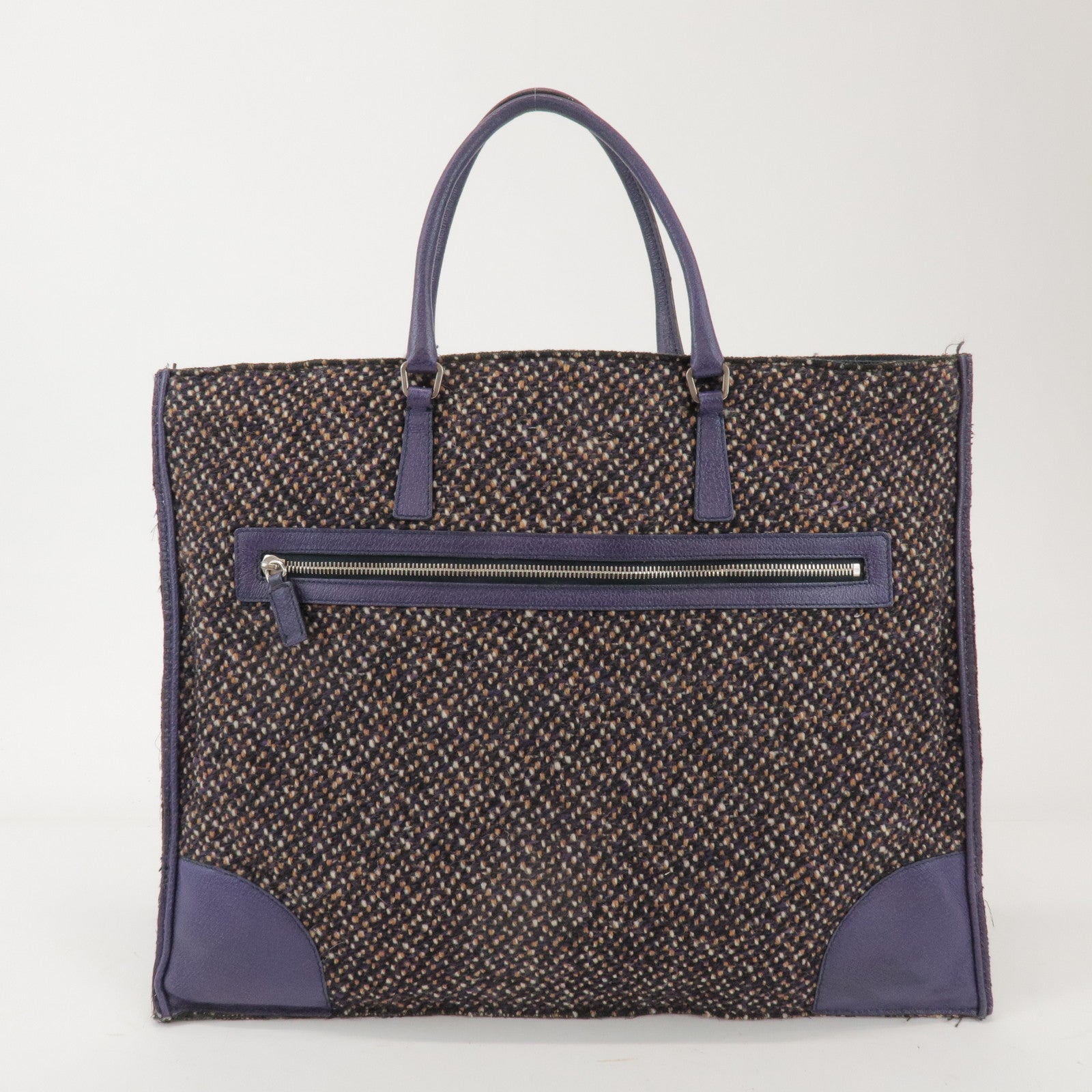 PRADA Triangle Logo Wool Leather Tote Bag Hand Bag Purple
