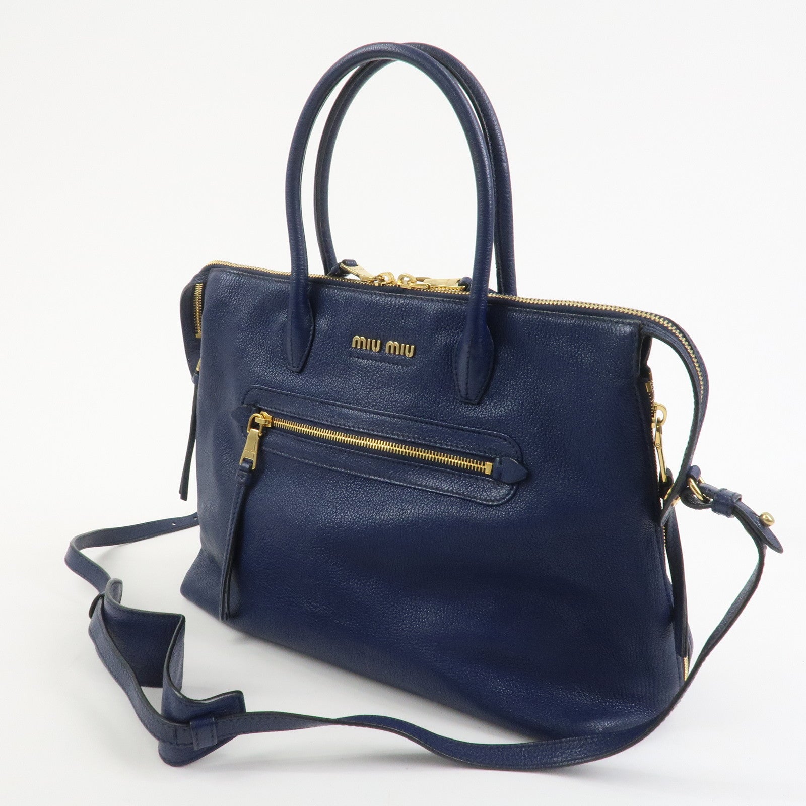 MIU MIU Madras Leather 2Way Hand Bag Shoulder Bag Blue 5BG136