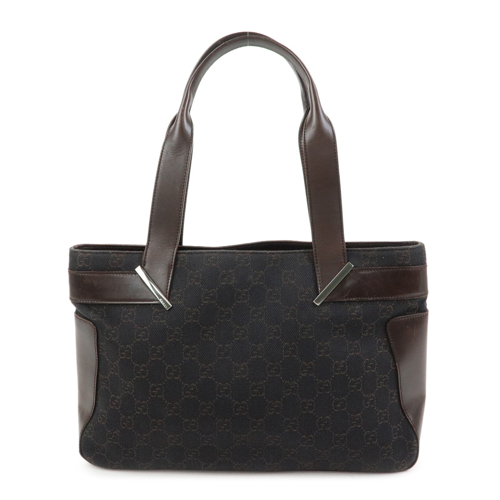 GUCCI GG Canvas Leather Hand Bag Tote Bag Dark Brown 73983