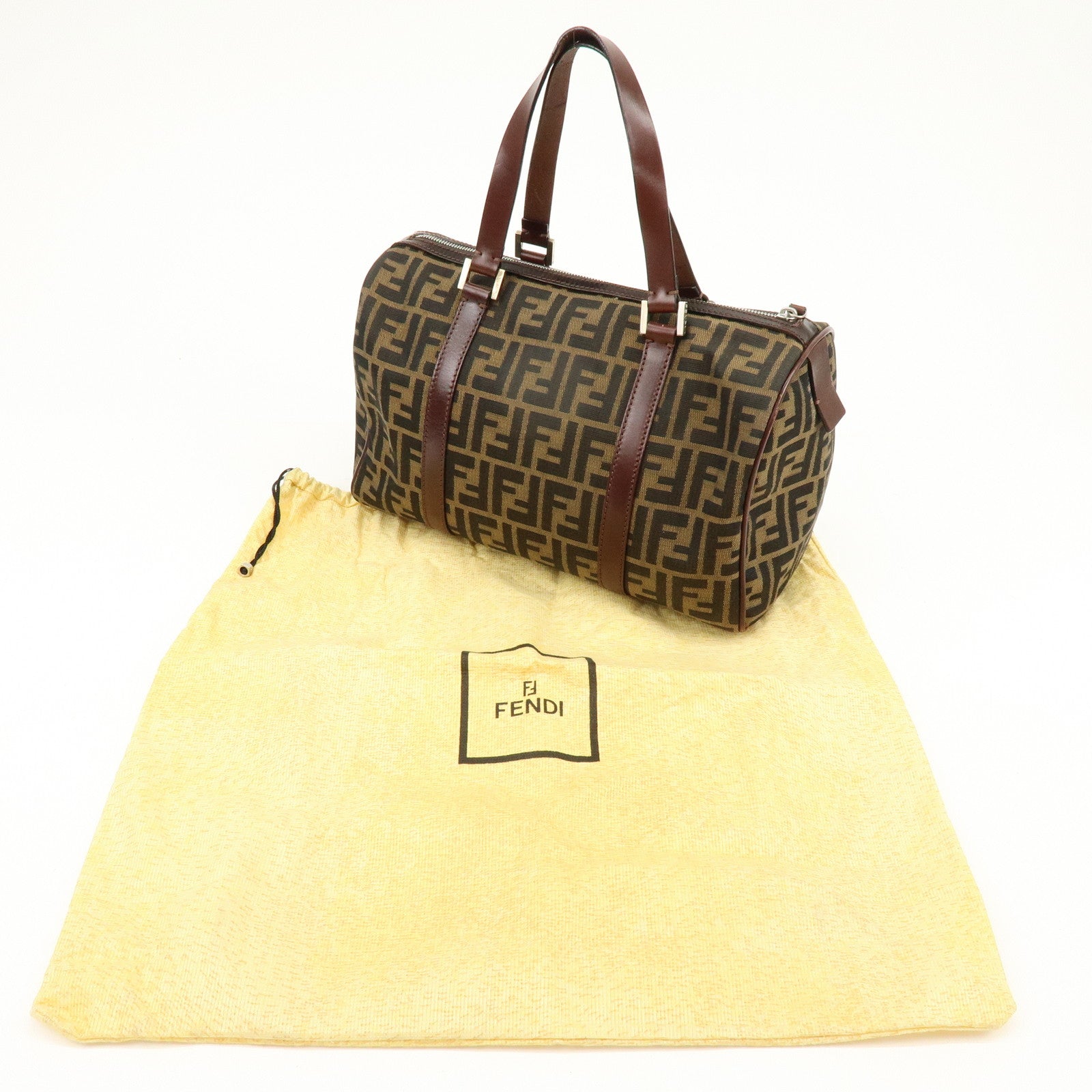 FENDI Zucca Canvas Leather Boston Bag Hand Bag Brown 16327