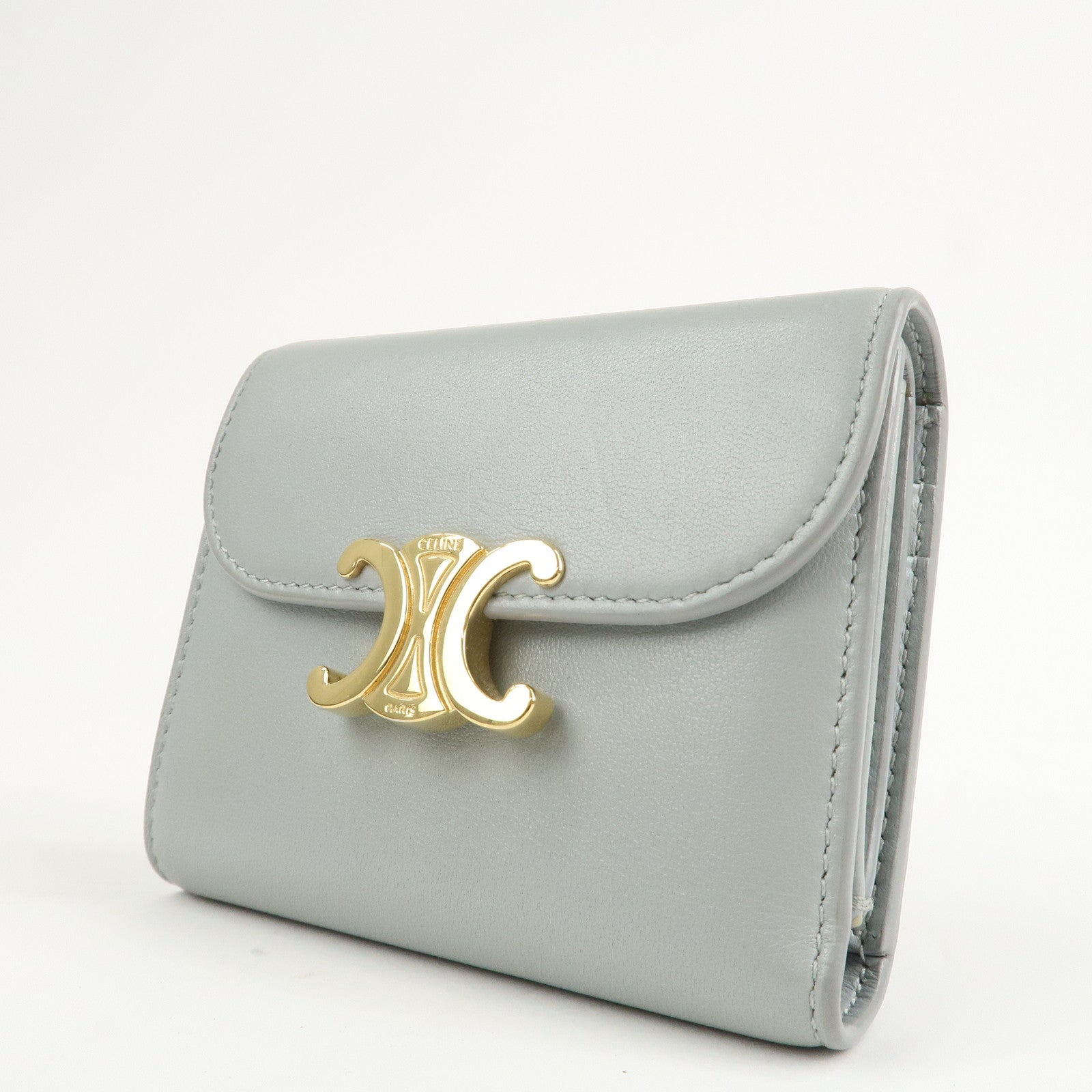 CELINE Triomphe Leather Tri-fold Falap Wallet Light Blue