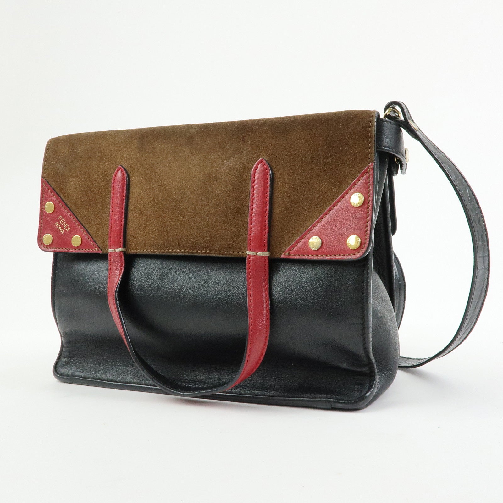 FENDI Flip Leather Suede 2Way Bag Hand Shoulder Bag Black 8BT302