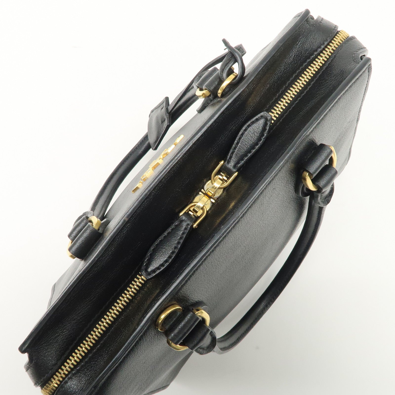 PRADA Leather 2Way Bag Hand Bag Black Gold Hardware Used