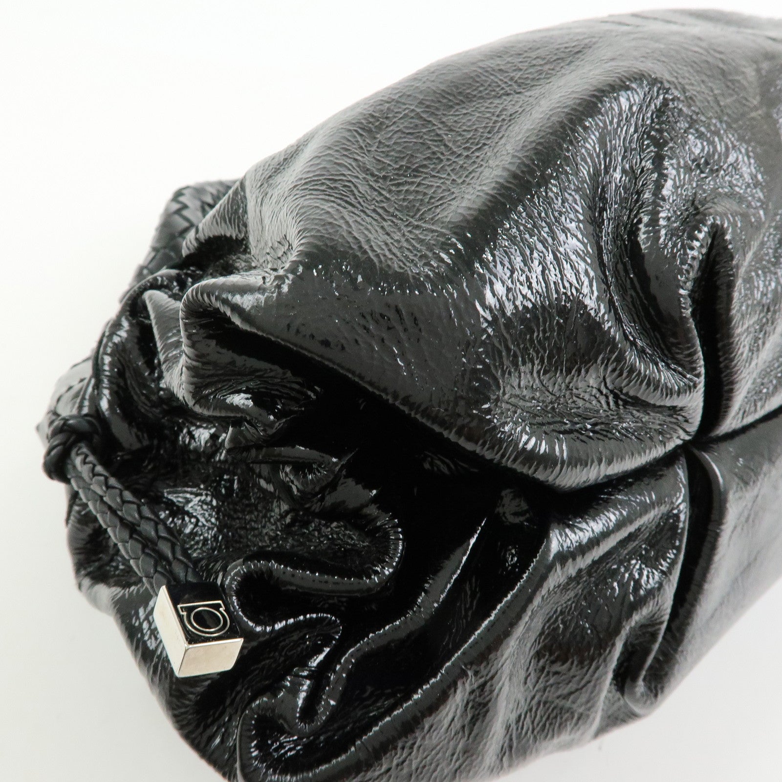 Ferragamo Gancini Patent Leather Hand Bag Shoulder Bag Black