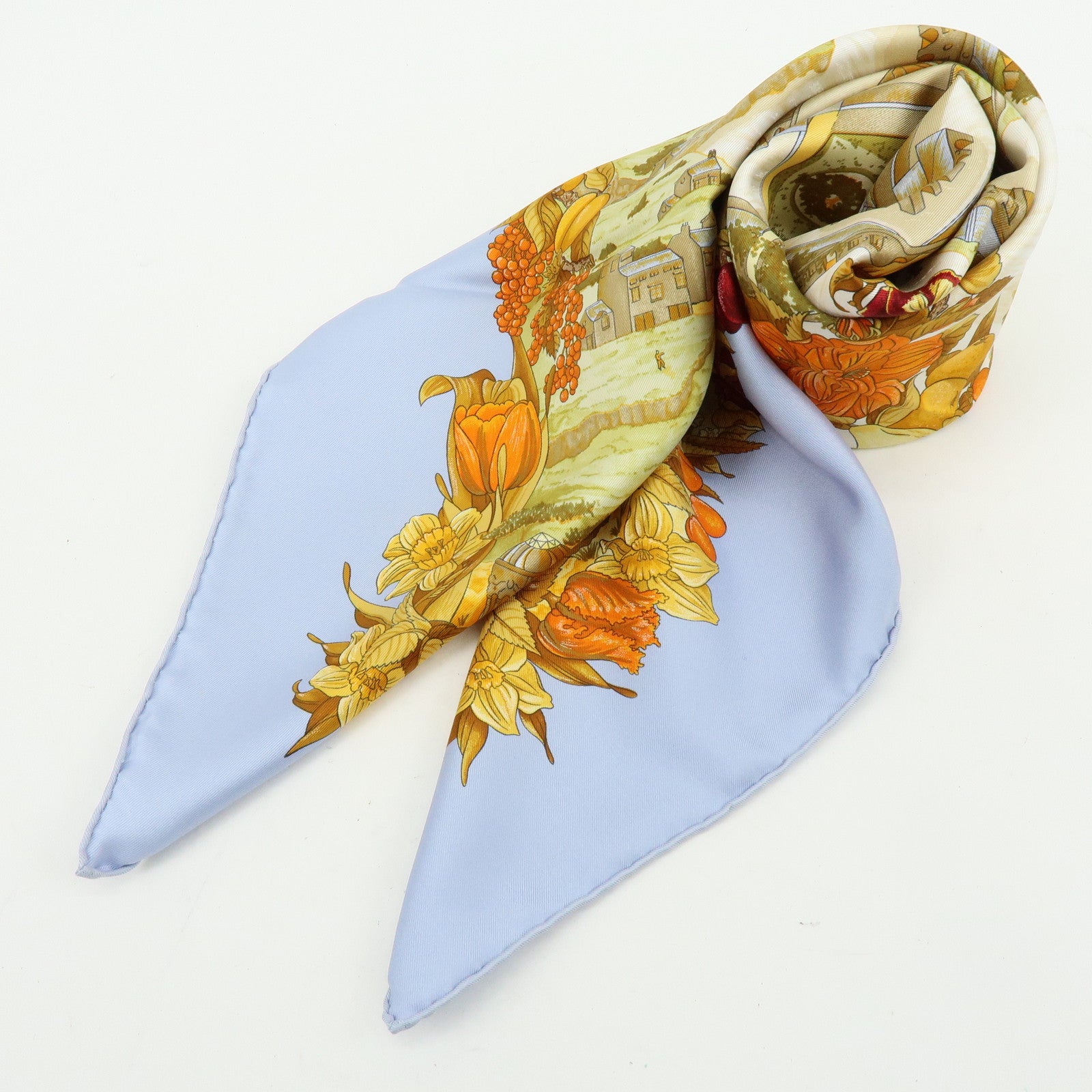 HERMES Carre 90 Silk 100% Scarf Au Pays de Cocagne Blue Brown