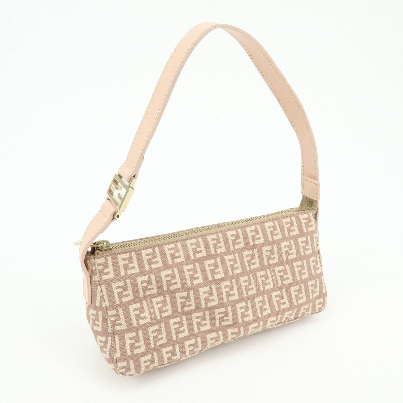 FENDI Zucchino Canvas Leather Hand Bag Pink Beige 8BR443