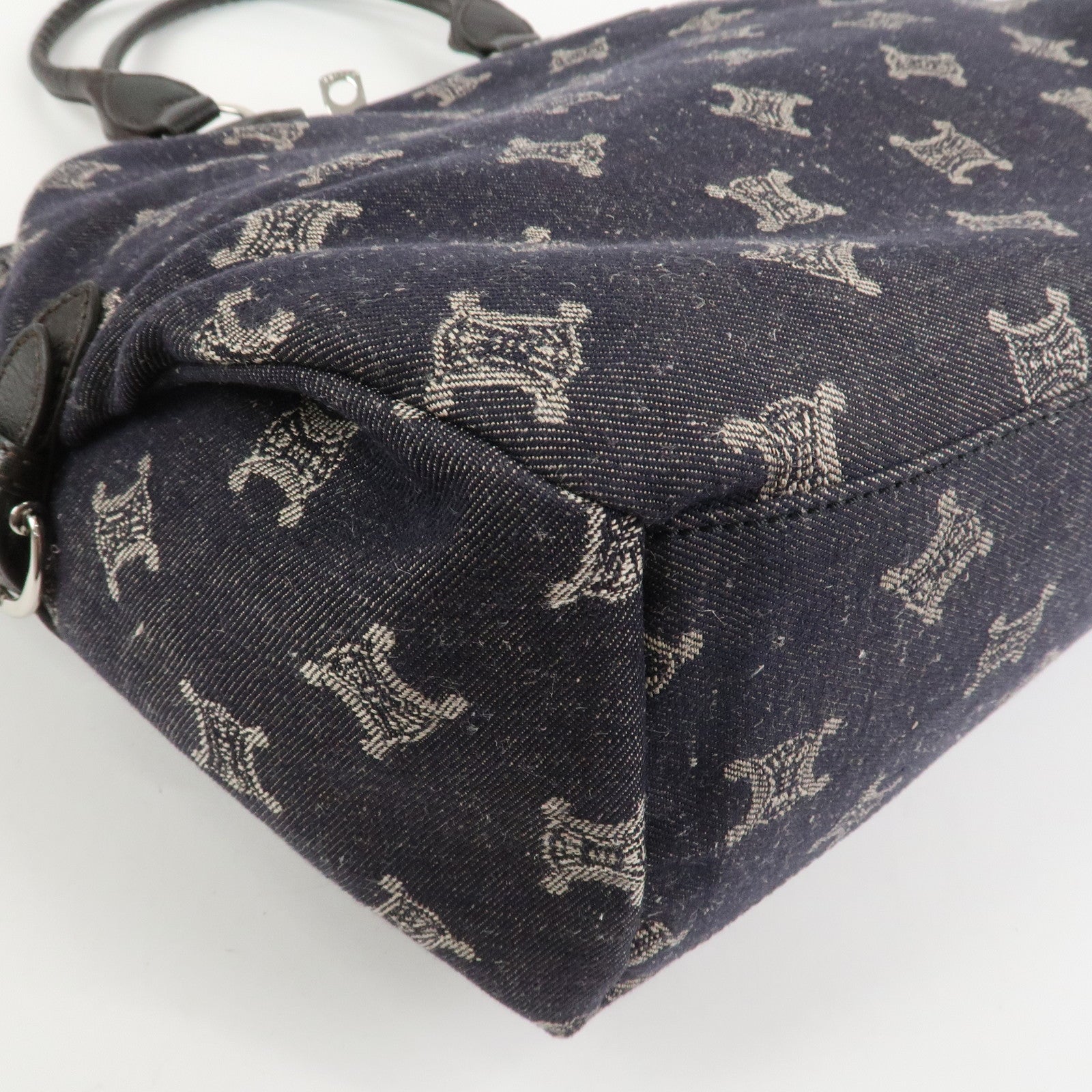 CELINE Macadam Denim Leather Tote Bag Hand Bag Navy Dark Brown