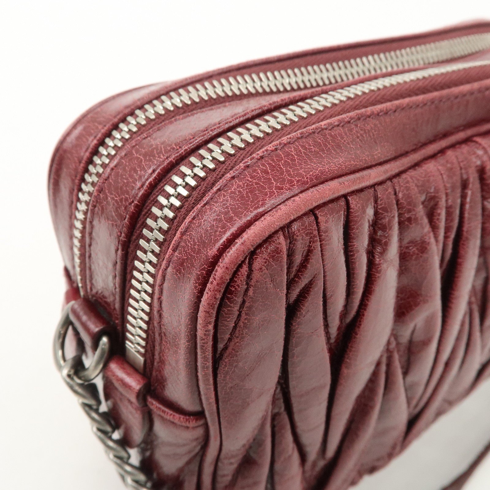 MIUMIU Matelasse Leather Shoulder Bag Burgundy Silver Hardware Used
