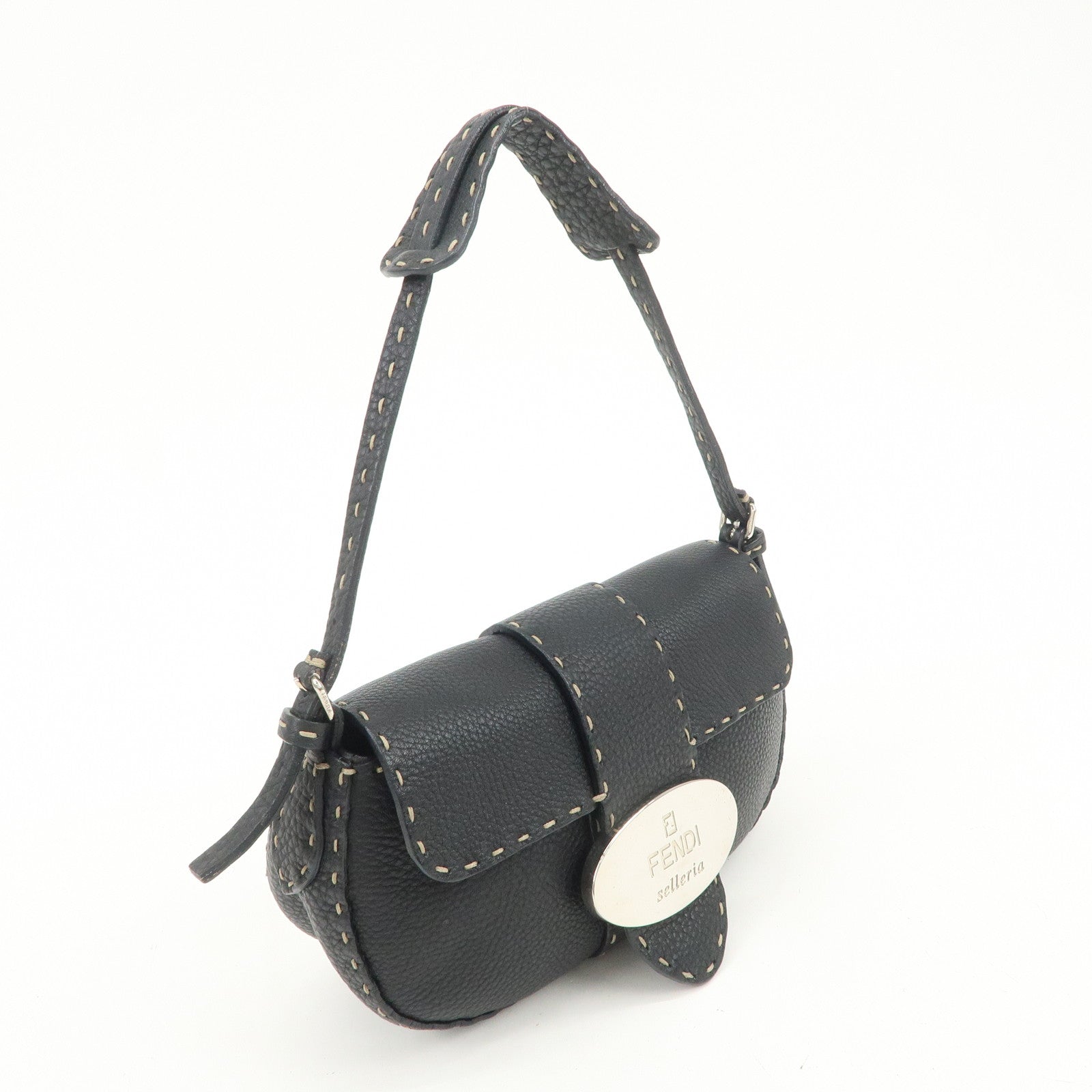 FENDI Seleria Leather Hand Bag Shoulder Bag Black 8BR430