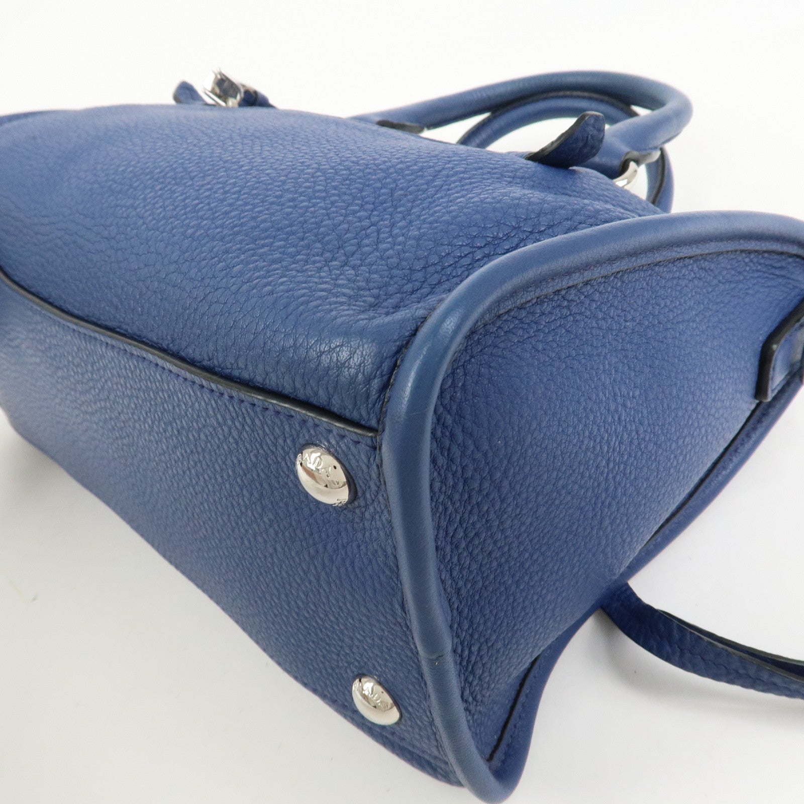 PRADA Leather 2Way Bag Hand Bag Shoulder Bag Blue Silver