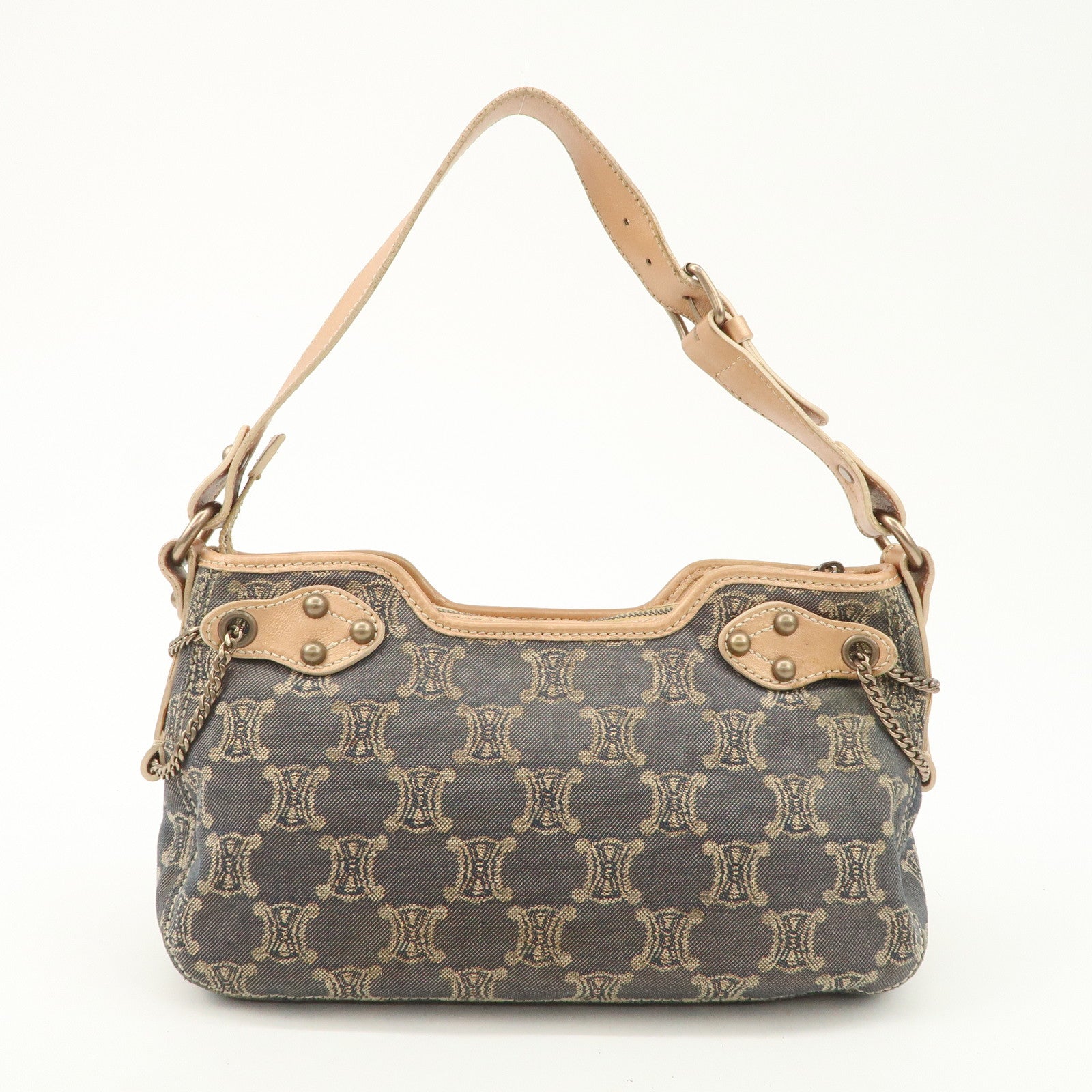 CELINE Macadam Leather Denim Shoulder Bag Hand Bag Beige Navy Used