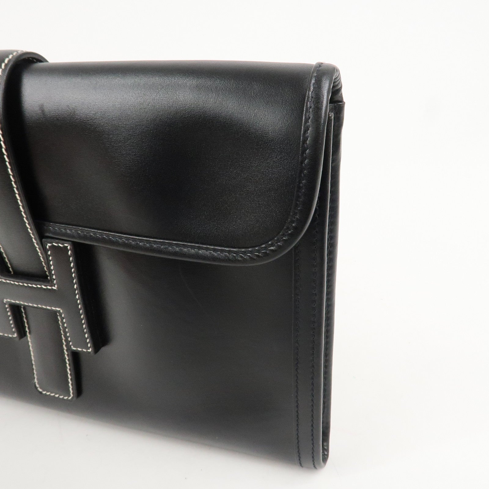 HERMES Box Calf Leather Jige PM Clutch Bag Black