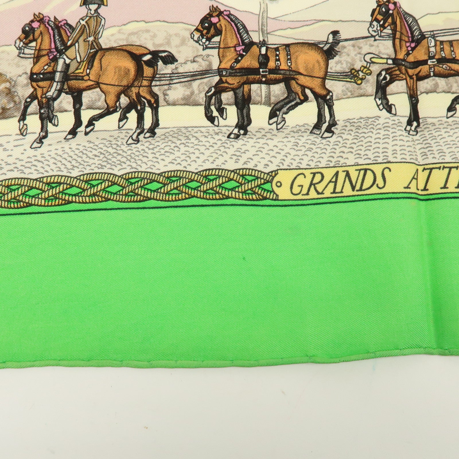 HERMES Carre 90 Silk 100% Scarf GRANDS ATTELAGES Green Pink Gold