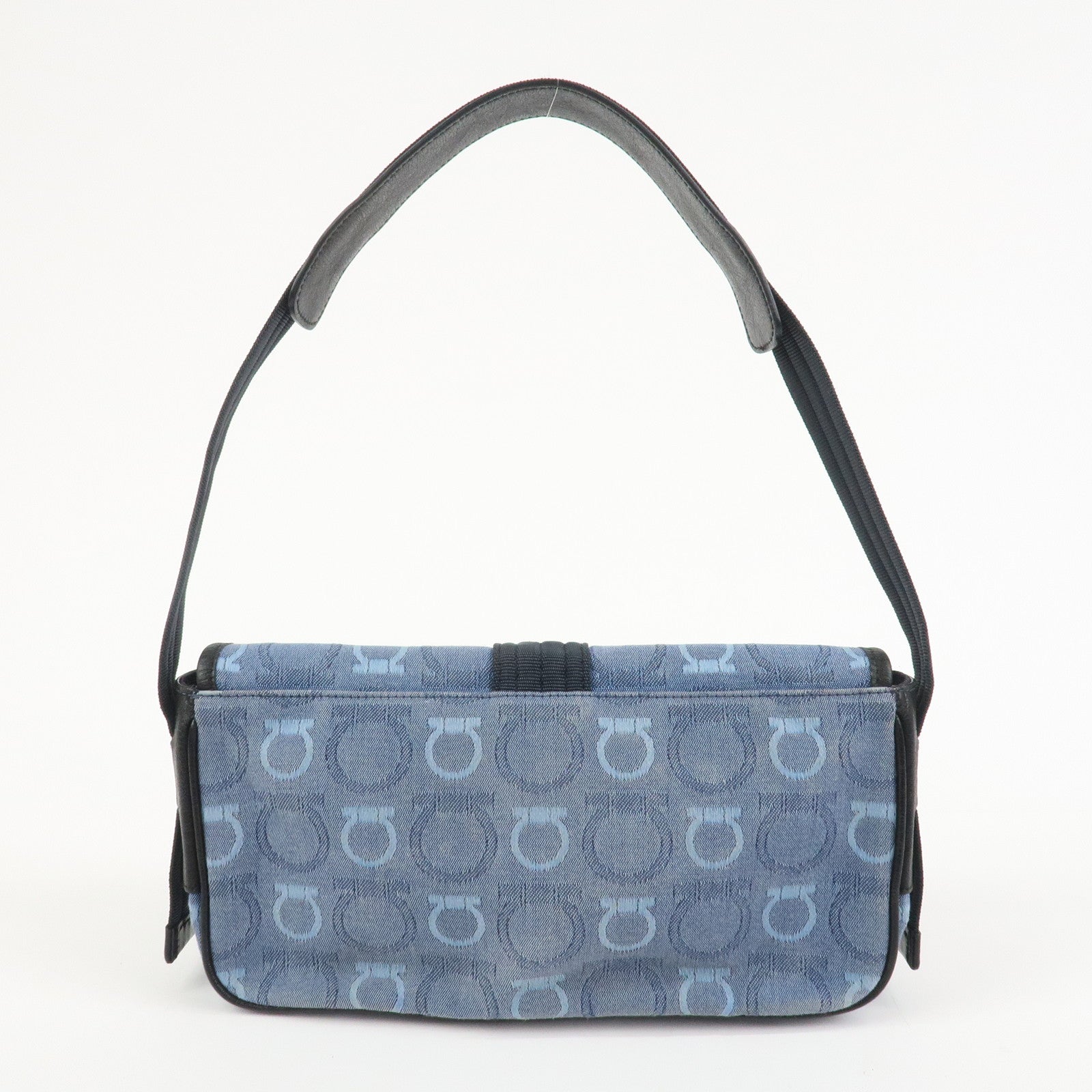 Ferragamo Gancini Canvas Leather Shoulder Bag Navy Black