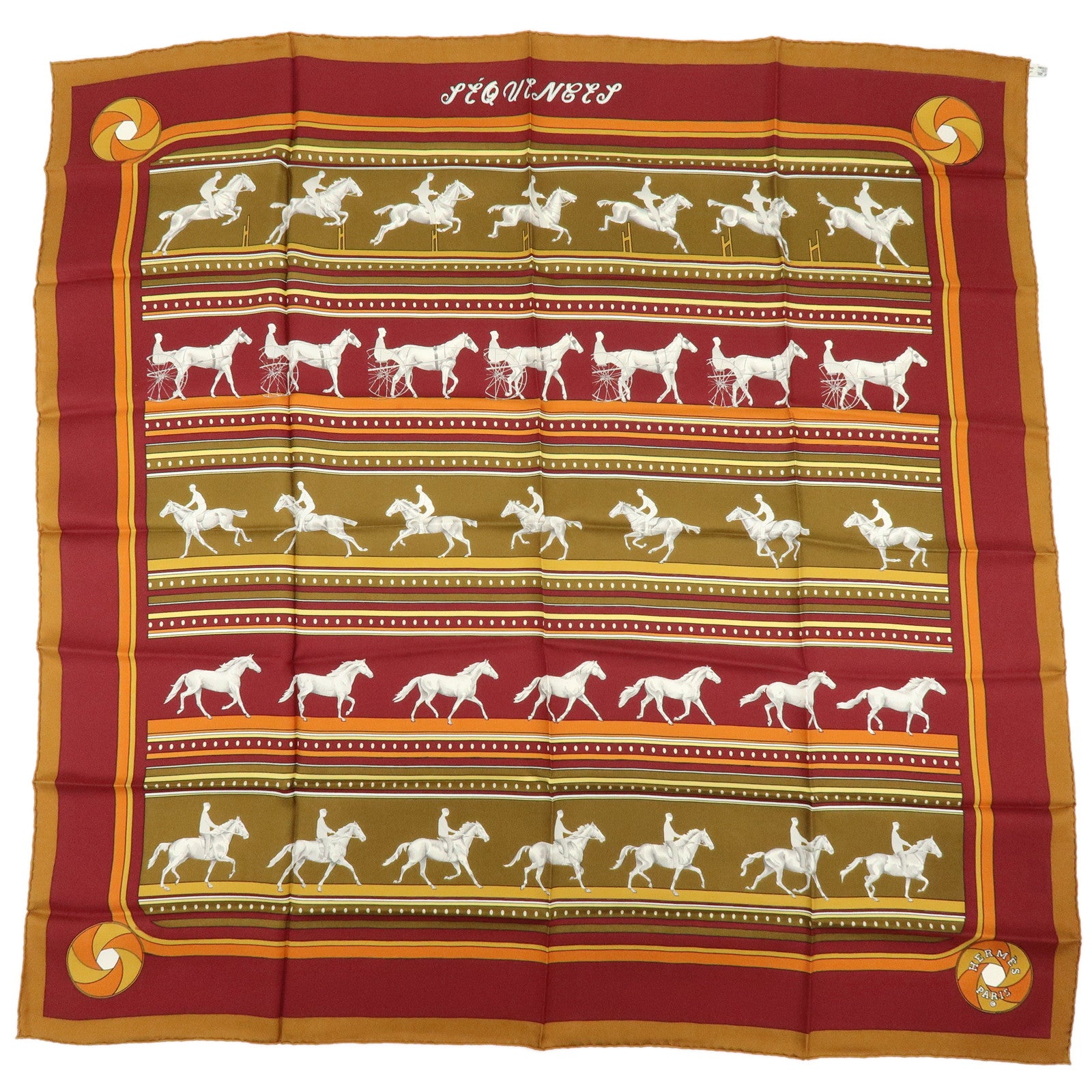 HERMES Carre 90 Silk 100% Scarf SEQUENCES Horse Print Brown