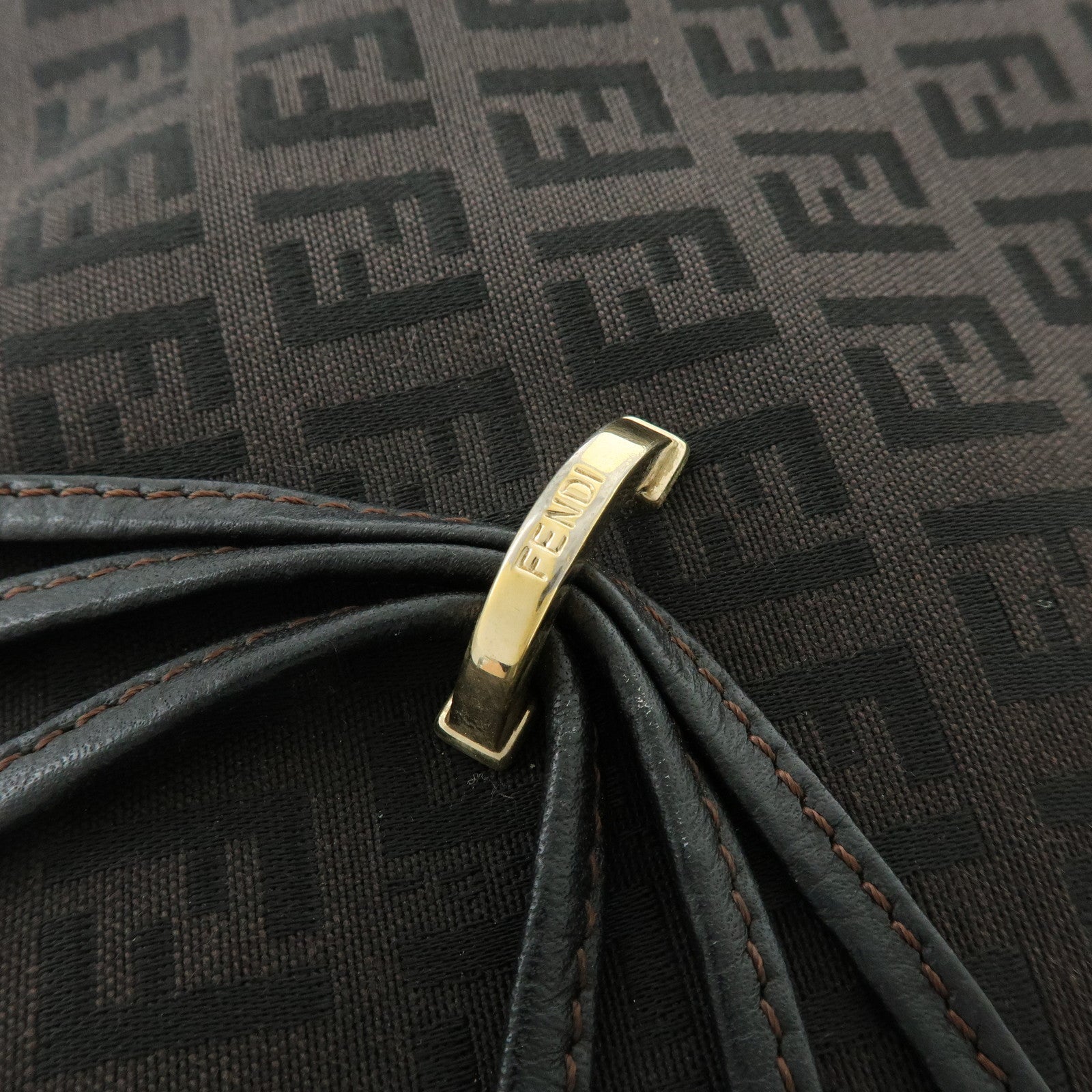 FENDI Zucchino Canvas Leather Shoulder Bag Dark Brown 8BT090