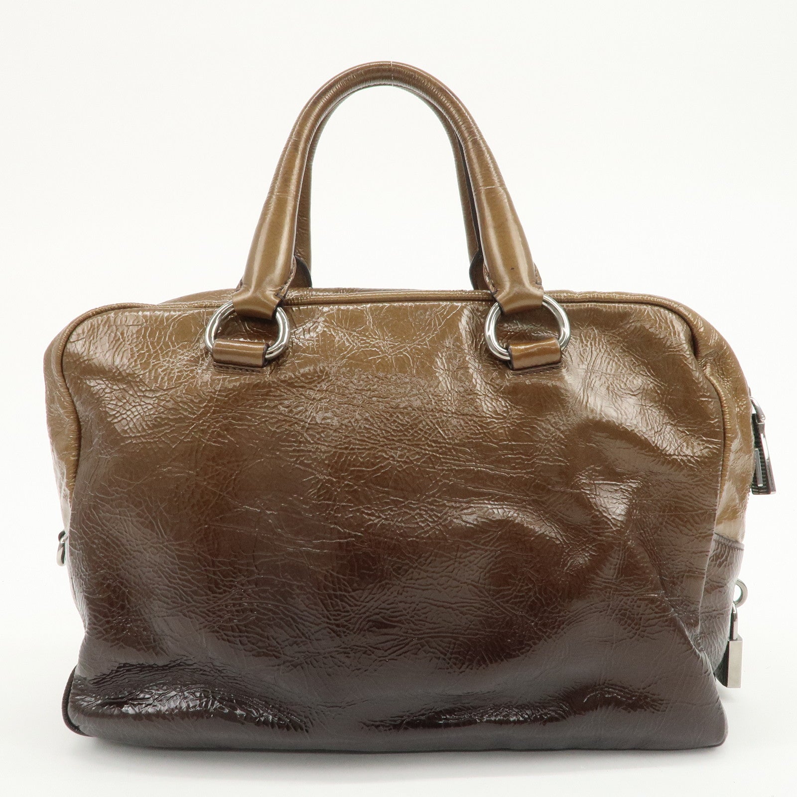 PRADA Logo Patent Leather Hand Bag Boston Bag Brown BL0555