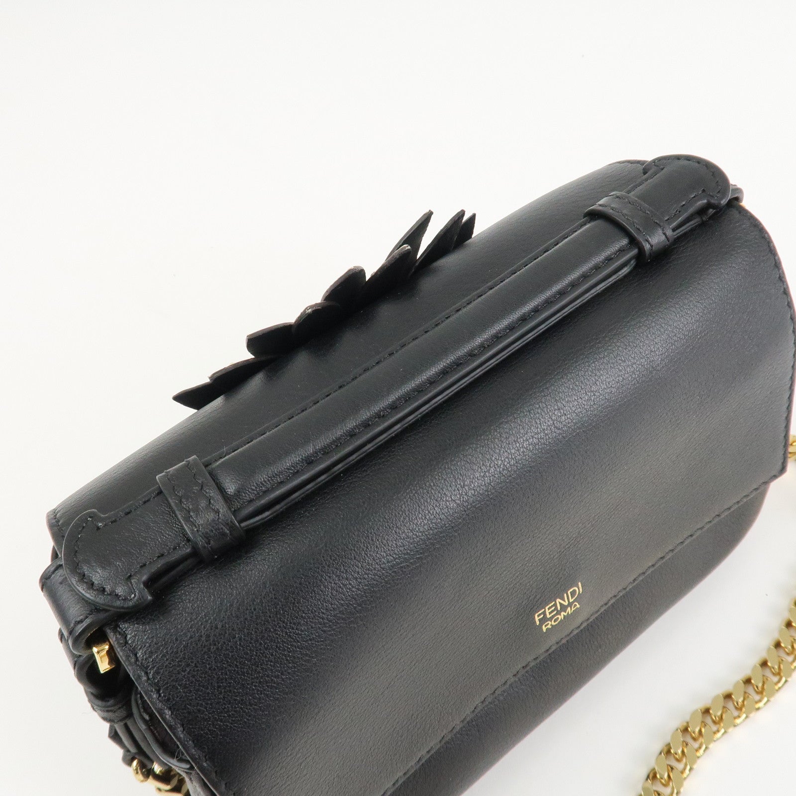 FENDI Leather Double Micro Baguette Shoulder Hand Bag Black 8M0371