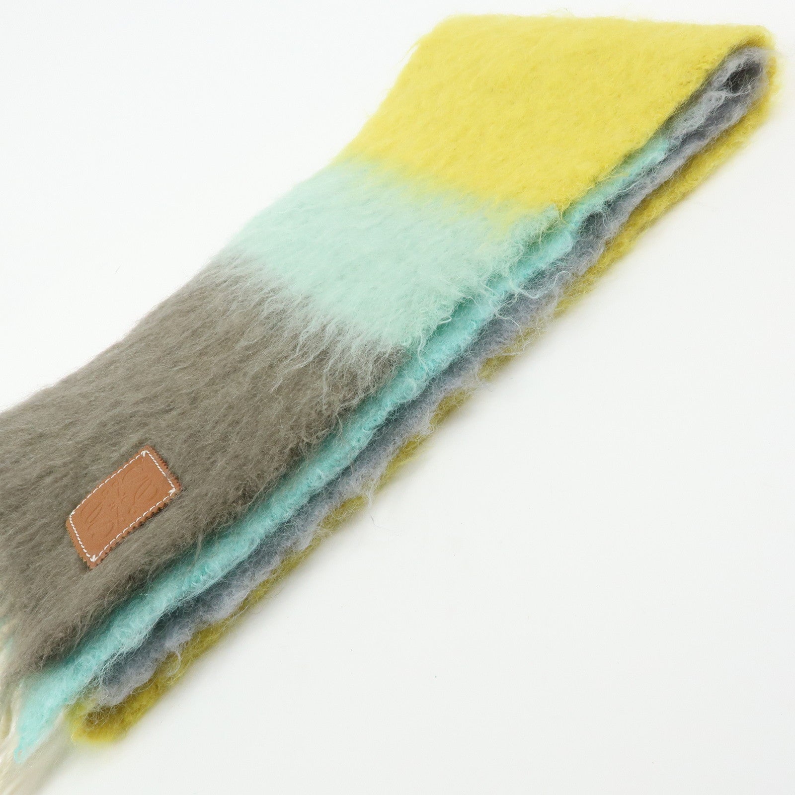 LOEWE Anagram Wool Mohair Nylon Scarf Shawl Yellow Gray Light Blue