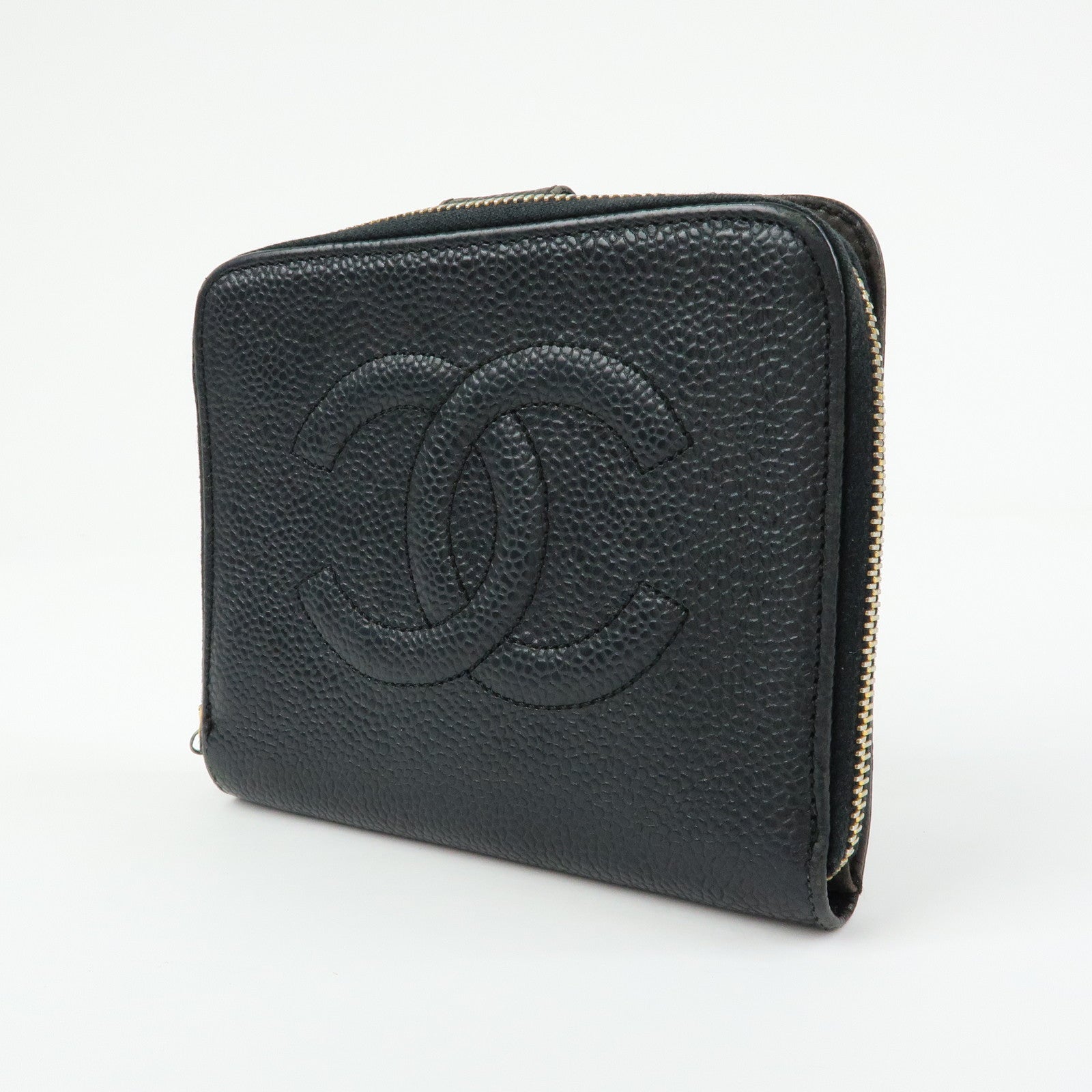 CHANEL COCO Mark Cavairskin Compact Bi-Fold Wallet Black