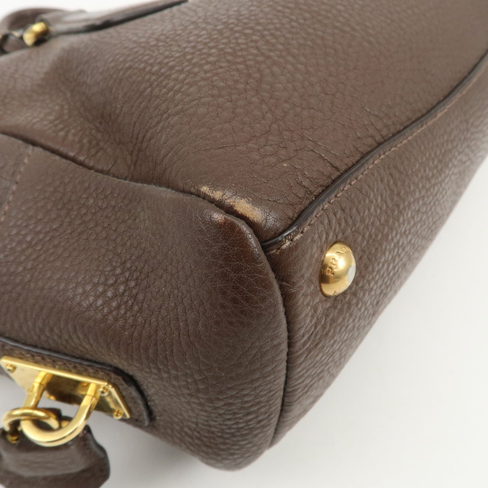 PRADA Logo Leather Shoulder Bag Boston Bag Hand Bag Brown B3091M